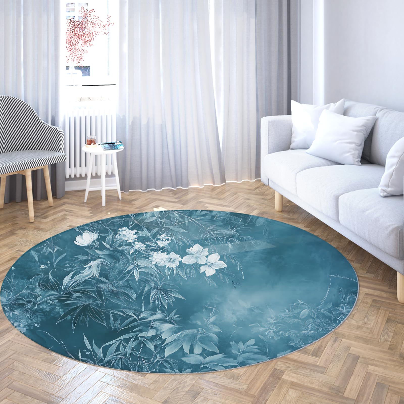 Tapis rond bleu floral lavable de 60cm de diamètre et antidérapant pour salon