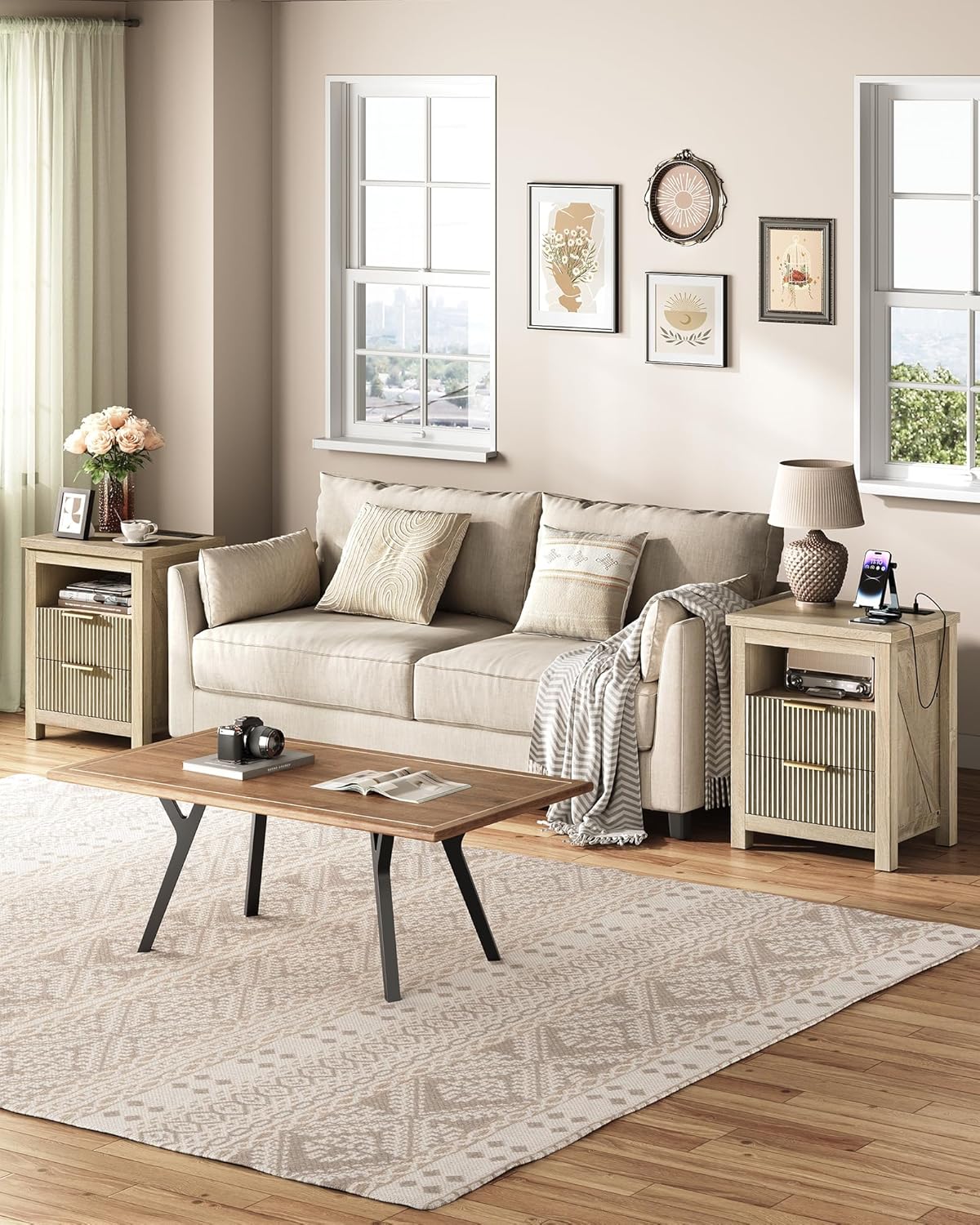 Nightstand with Charging Station, Fluted End Table 2 Drawers, Farmhouse Nightstands with Fluted Panel, Engineered Wood Side Table for Bedroom Sunwashed Ash Oak MBZ06USO