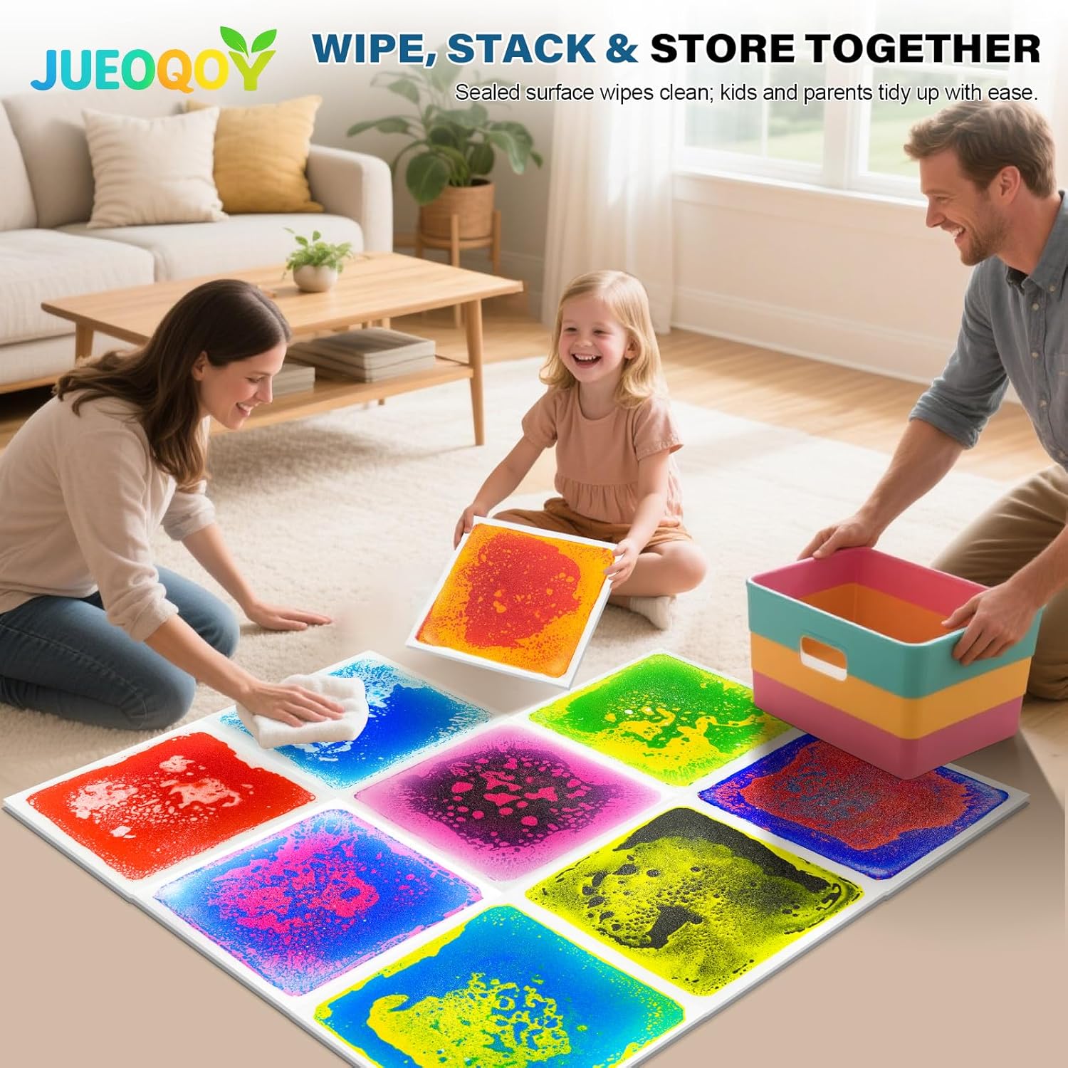 Liquid Sensory Floor Tiles for Kids Ages 3+, 12" Step-On Tiles with Non-Slip Base, Interactive Color-Flow, Assorted Colors, Sensory Path Starter Set (4-Pack)