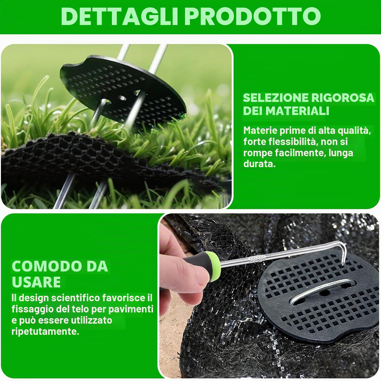 Picchetti Giardino, Picchetti Telo Pacciamatura, 100 Unità + 100 Rondelle +1 Gancio, 150x30x3mm, Da Campeggio, Tenda, in Acciaio, Erba Artificiale, Fissaggio per Campeggio
