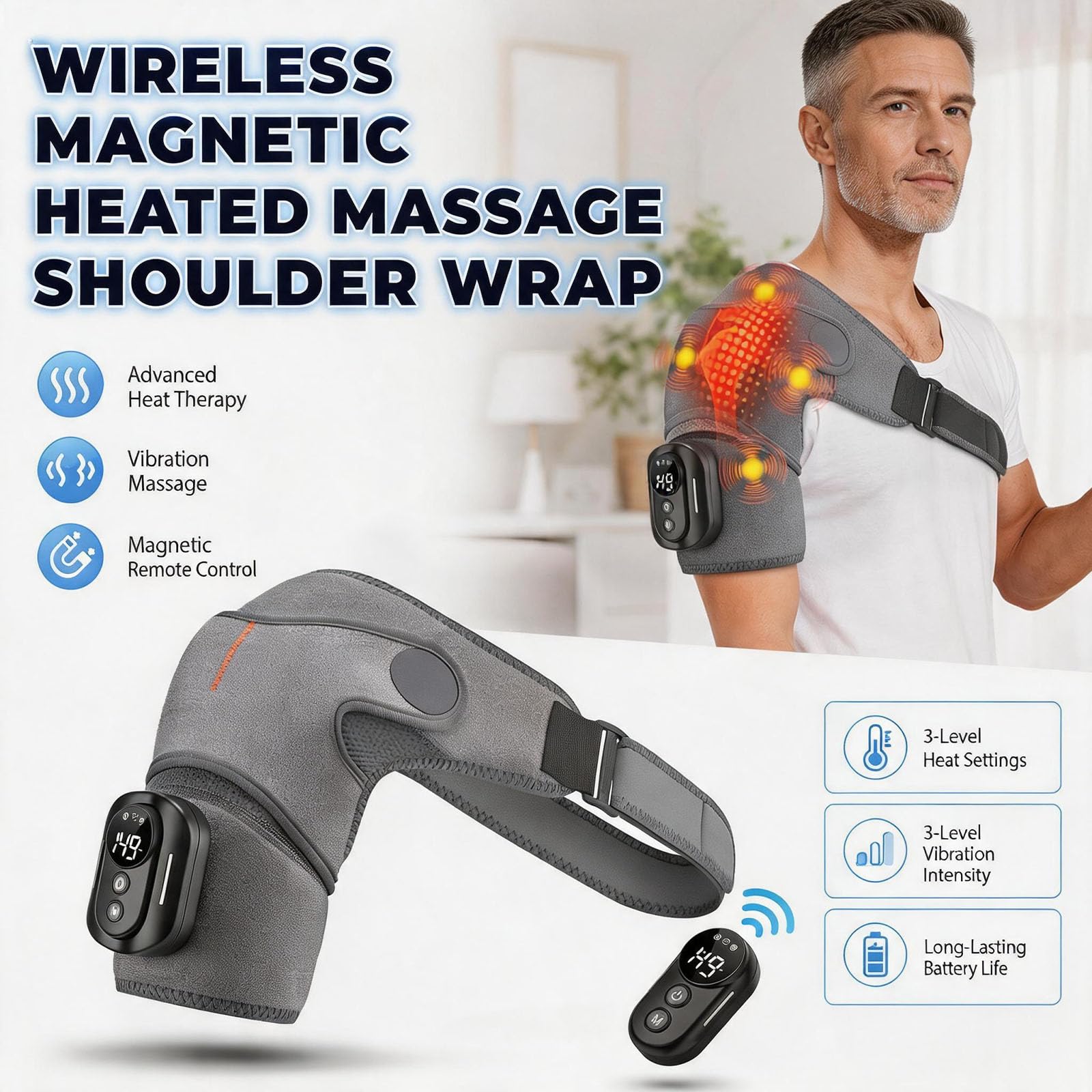 Triple Method Shoulder Massager, Schultermassagegerät Schultermassagegerät mit Wärme, 5000mAh Akku für Lange Laufzeit, 5 Vibramodi und Temperaturregelung, Funkfernbedienung (Grau)
