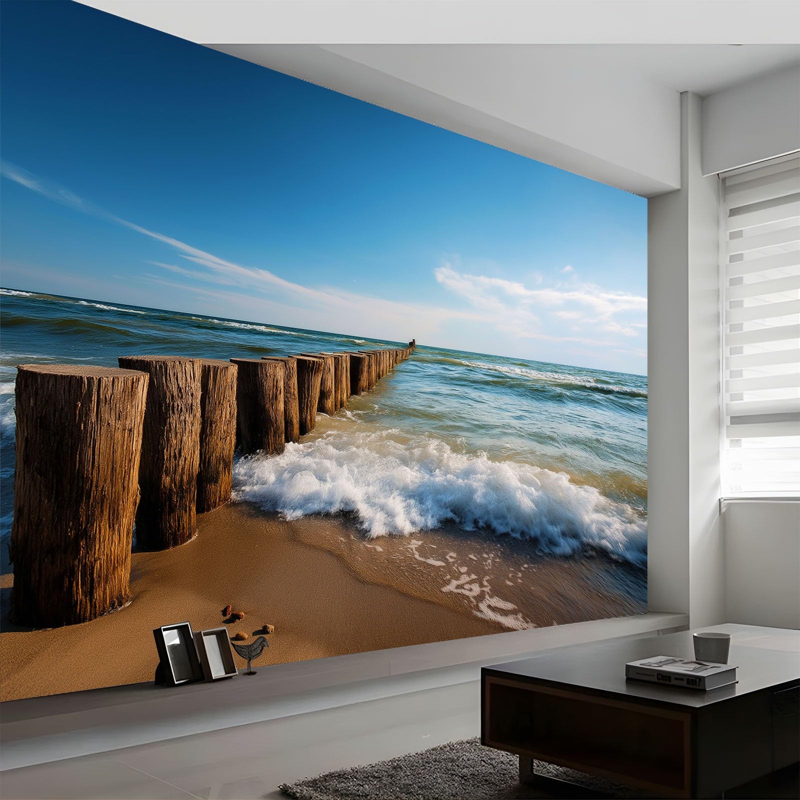 Wall Mural Landscape Photography Photo Wallpaper 500W x 280H cm, Ocean Beach Wooden Stakes Mural Wall Art Decoration Poster Picture Design - Wallpaper Modern for Kids Room Living Room Bedroom