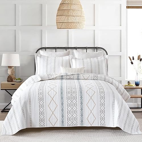 Miniatura 8 de Juego de edredón tamaño Queen, 100% algodón, colcha acolchada tamaño Queen, colcha reversible a rayas bohemias, edredón ligero para todas las