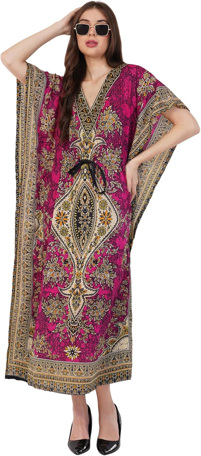 Divine threads -- Women's Kaftan Floral Print/Beach Cover Up/Plus Size V-Neck Loose Kimono Maxi Dress - Image 4