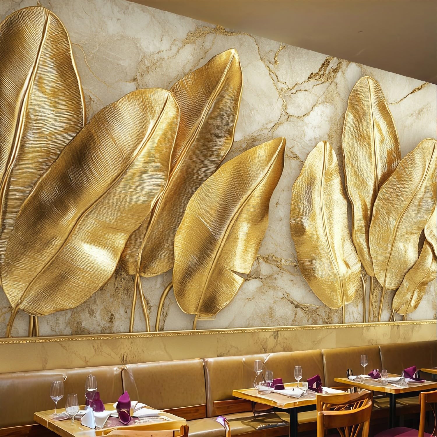 Mural de pared hojas de plátano oro para decorar un salón moderno y crear un ambiente sofisticado