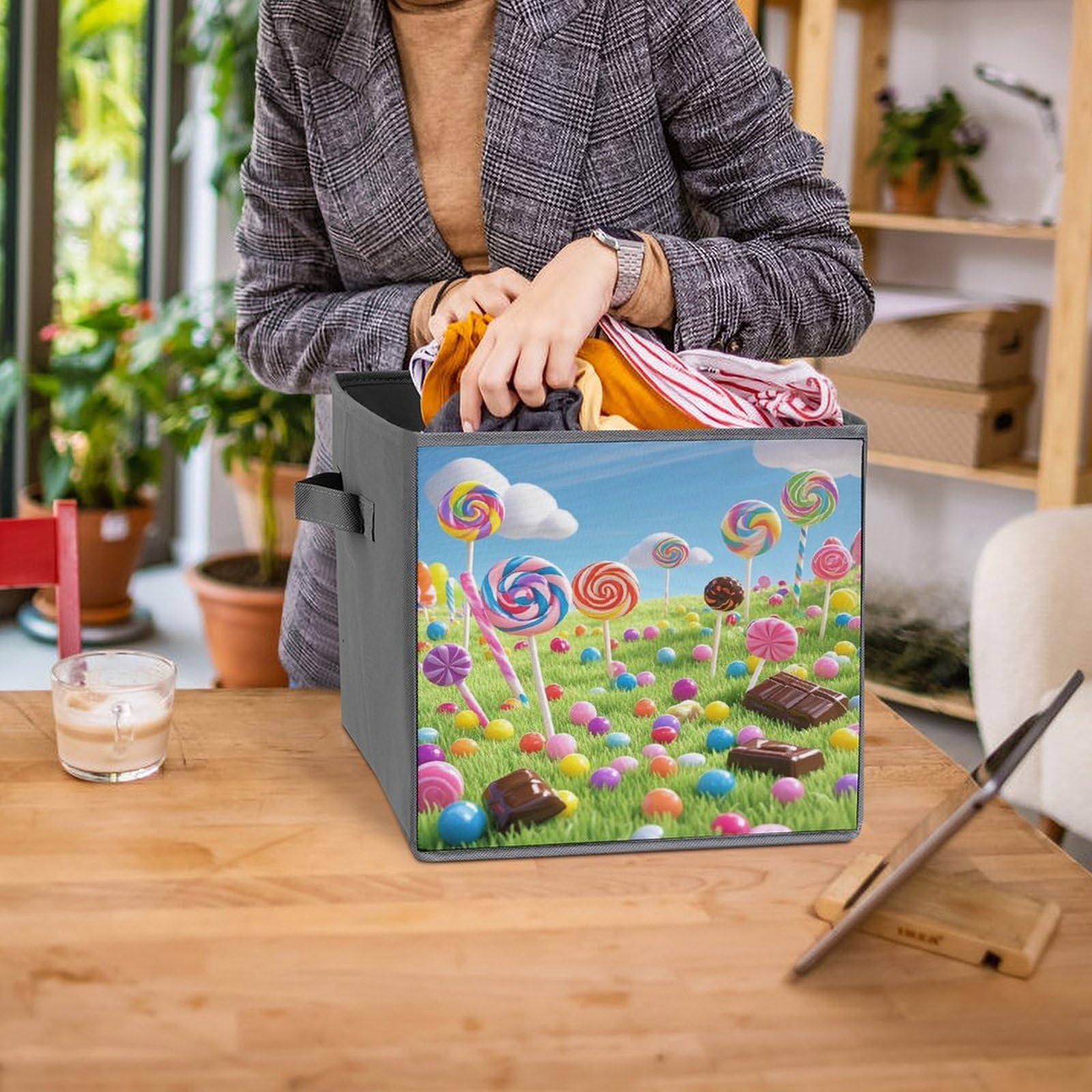 Cubos de almacenamiento de caramelos plegables y decorativos, cestas de almacenamiento de tela para organizar organizadores del hogar con asas, cestas grandes de almacenamiento de tela para