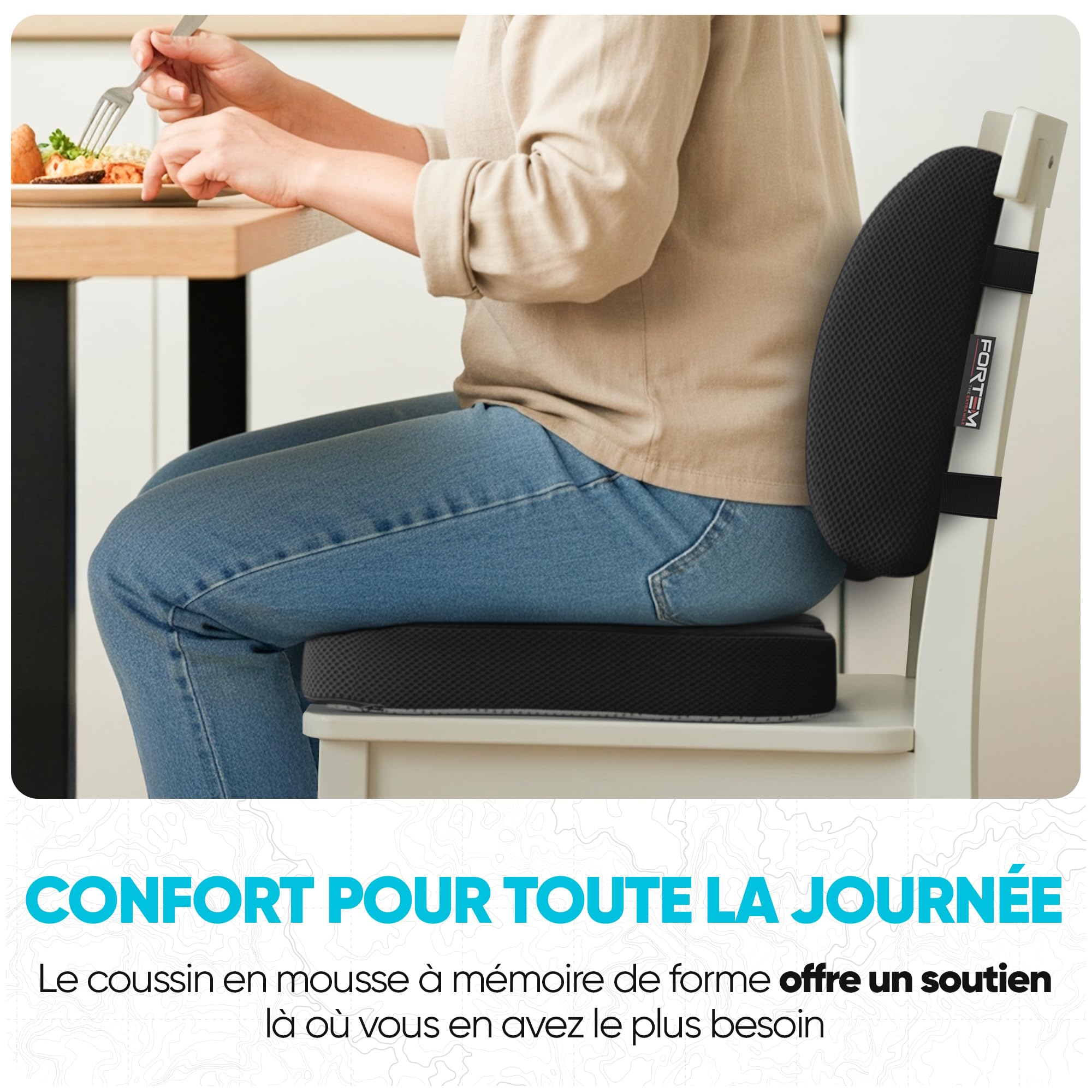 FORTEM Coussin Lombaire et d’Assise en Mousse à Mémoire de Forme, Antidérapant, pour Chaise de Bureau, Gaming et Siège Auto – Soutien Dos et Confort Prolongé