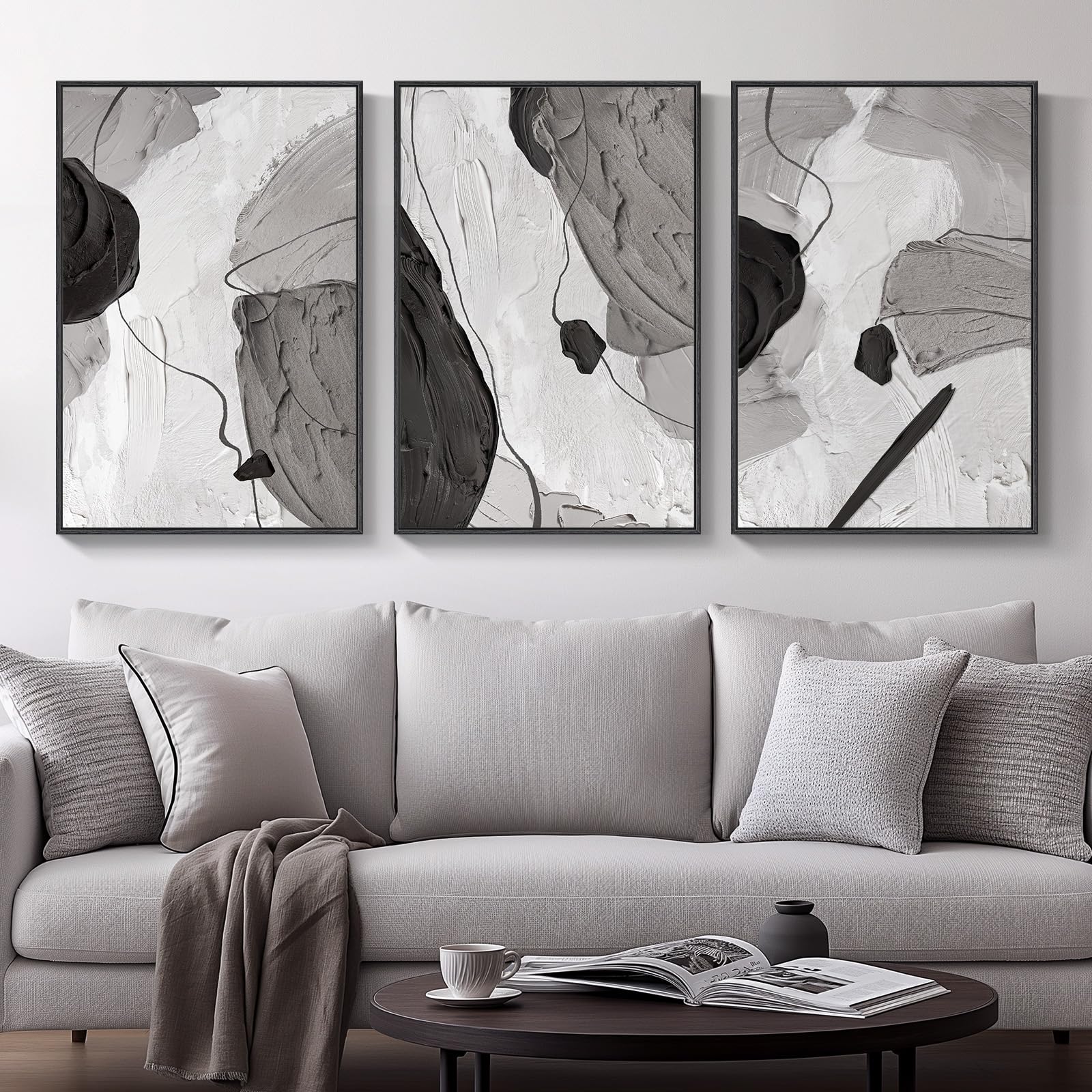 Framed Black and White Abstract Wall Art for Living Room, Grey Textured Canvas Artwork for Walls, 3 Piece Minimalist Art Prints, Large Paintings Pictures for Bedroom, Office Wall Decor Set of 3 -Total