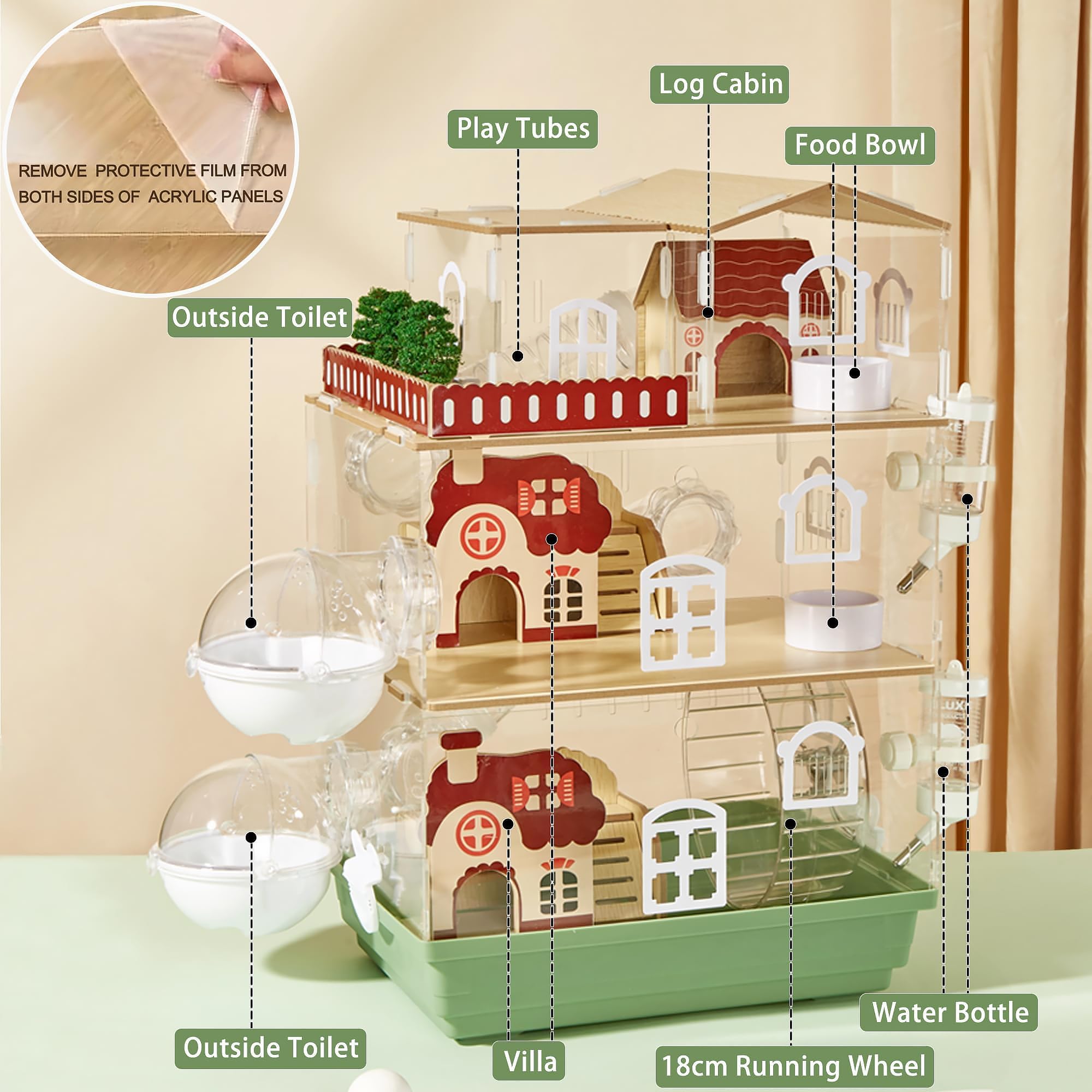 17-in-1 transparenter Acryl-Hamsterkäfig mit allem Zubehör, 34,9 cm L x 25,4 cm B x 53,3 cm H, Zwerghamsterkäfig, magnetische Verbindung, kleines Hamstergehege, Garten-Stil, Holzkäfig für