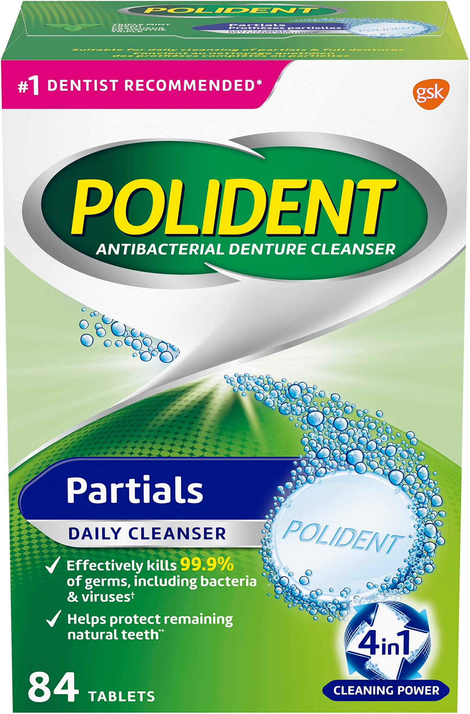 Partials Denture Cleaning Tablets, Triple Fresh Mint, 84 Count, White