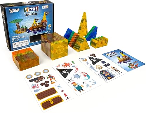 Miniatura 3 de Tytan TILES Pirate Ship & Island - Juego de construcción de azulejos magnéticos de 60 piezas, divertido juguete STEM para niños, juego creativo,