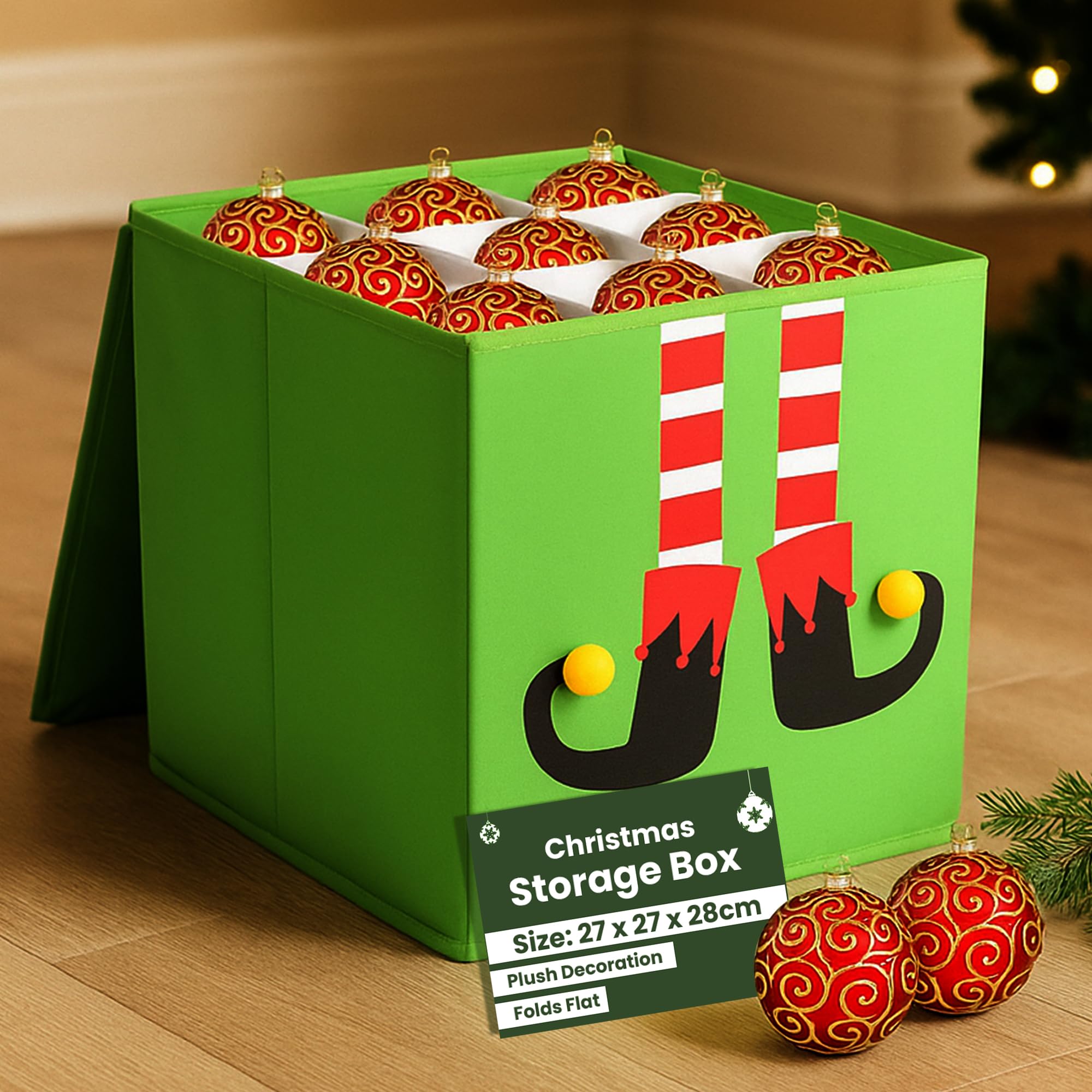 Just for Christmas Bauble Storage Box with Lid - Christmas Storage Box with Cardboard Dividers, Folds Flat for Easy Storage, Delightful Plush & Print Design on the Front (Green)