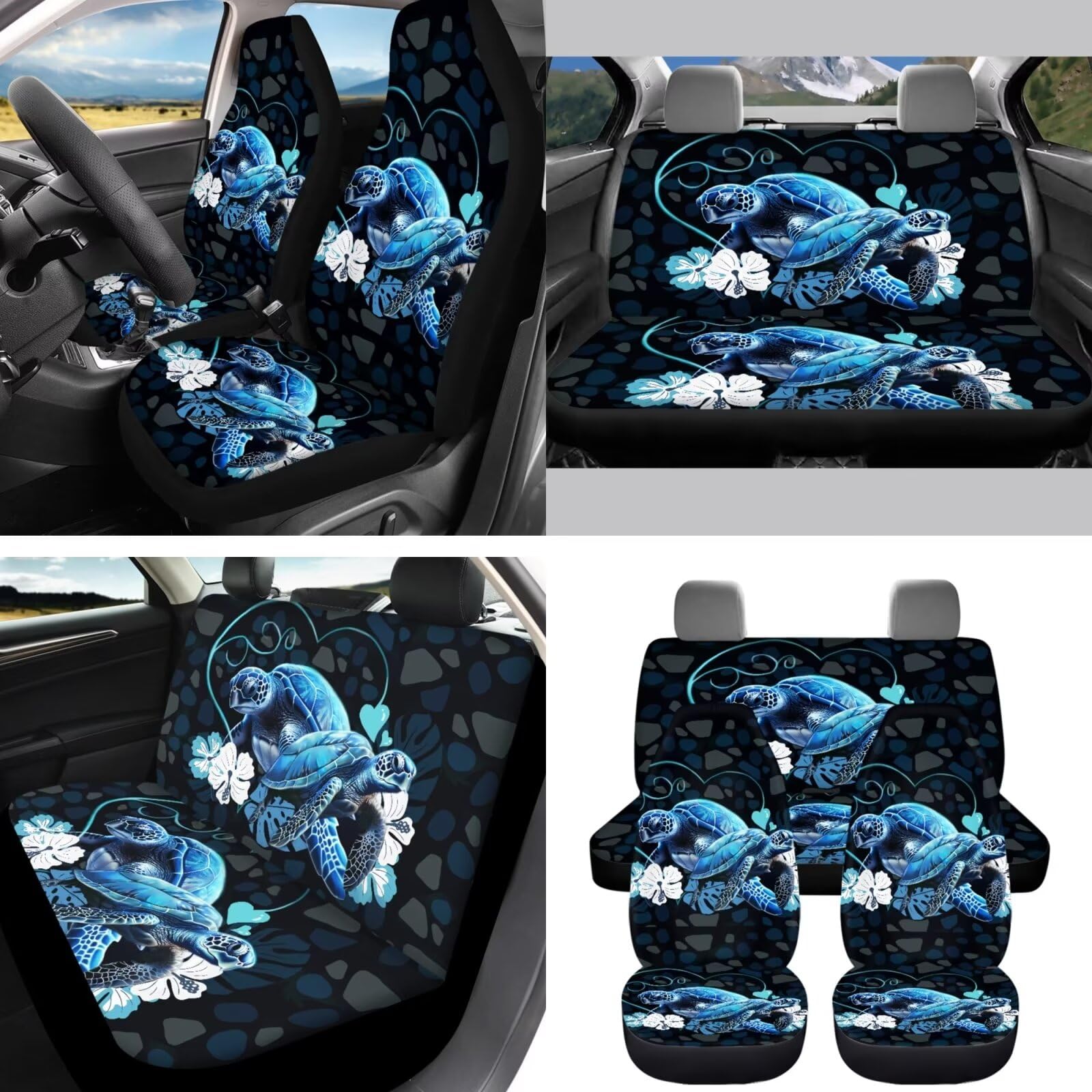 Set completo di 12 coprisedili per auto, accessori per auto, motivo tartaruga marina, set completo, cuscinetti per cinture di sicurezza, coprivolante, portachiavi per veicoli, sottobicchieri