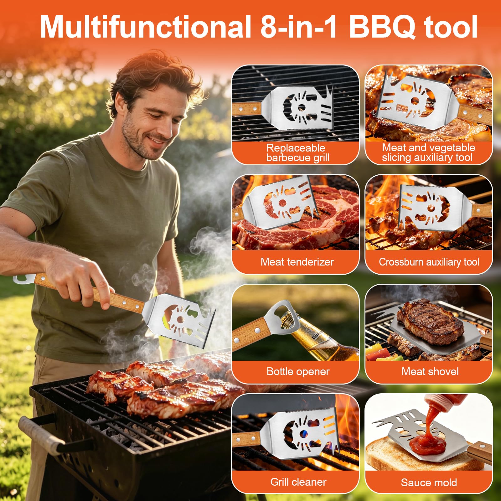 3 Pièces Kit Barbecue,Set Barbecue avec Sac de Transport,Ustensiles Barbecue Acier Inoxydable et Bois,Set Accessoires Barbecue pour Camping et Jardin,Cadeau Homme (Kit Barbecue 3 Pièces)