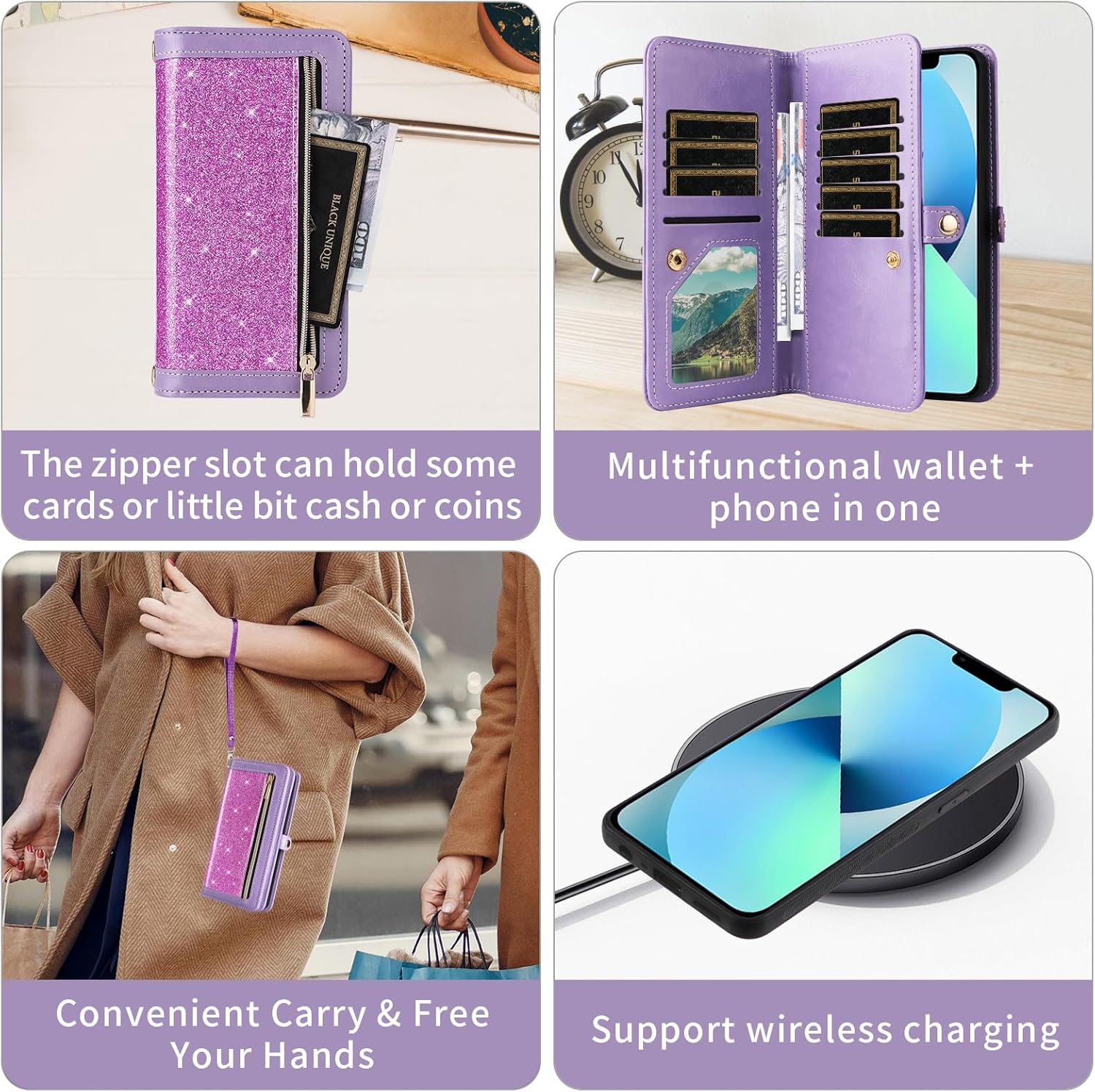 Asuwish Phone Case for iPhone 13 6.1 inch Zipper Wallet Detachable Cell Cover with Screen Protector Strap Bling Glitter Flip Card Holder iPhone13 5G i i-Phone i13 iPhone13case Women Men Girls Purple