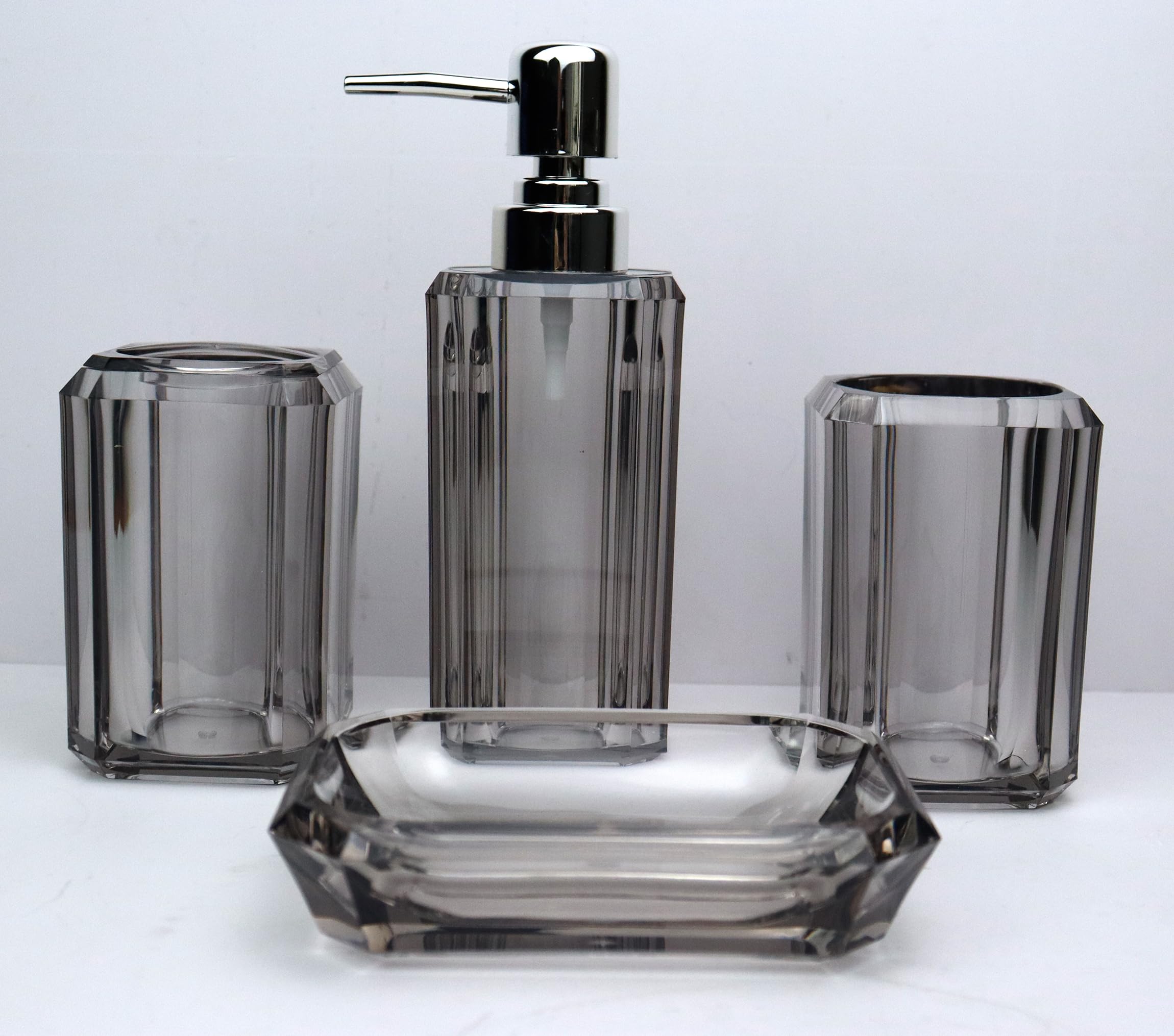 Clear Bathroom Accessories Set, 4 Pcs Black Acrylic Bathroom Accessories Sets Complete Lotion Soap Dispenser Set, Toothbrush Holder, Soap Dish/Tray, Bathroom Home Decor (Senior Grey)