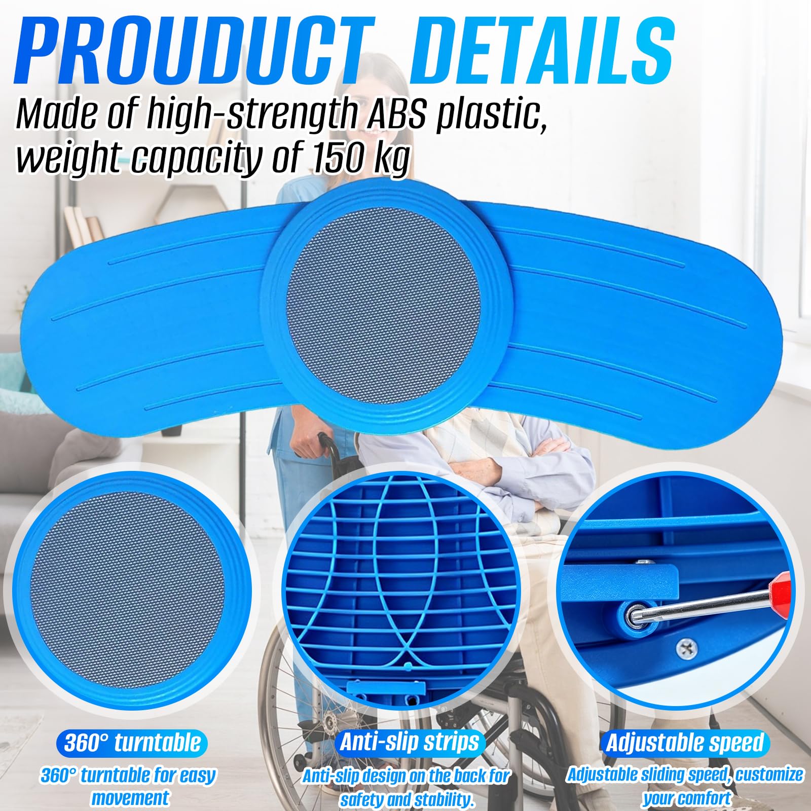 Transferbrett für Rollstuhlfahrer, 90 cm Patientenlifter Transferhilfe Rutschbrett mit 360° Verschiebbarer Drehscheibe, 150 kg Tragkraft,Transfer Senioren vom Rollstuhl zum Bett, Toilette, Auto