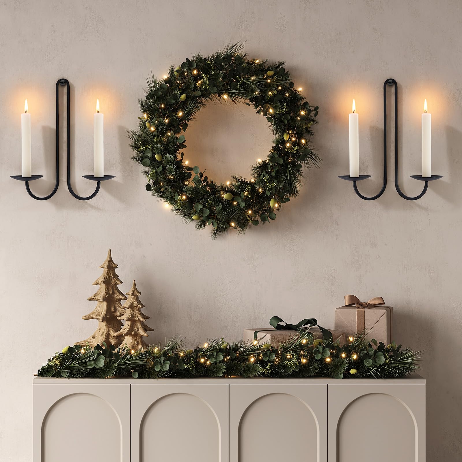 Lot de 2 bougeoirs muraux à double bras en métal noir à suspendre pour salon, salle à manger et cheminée, cadeaux de pendaison de crémaillère pour décoration murale