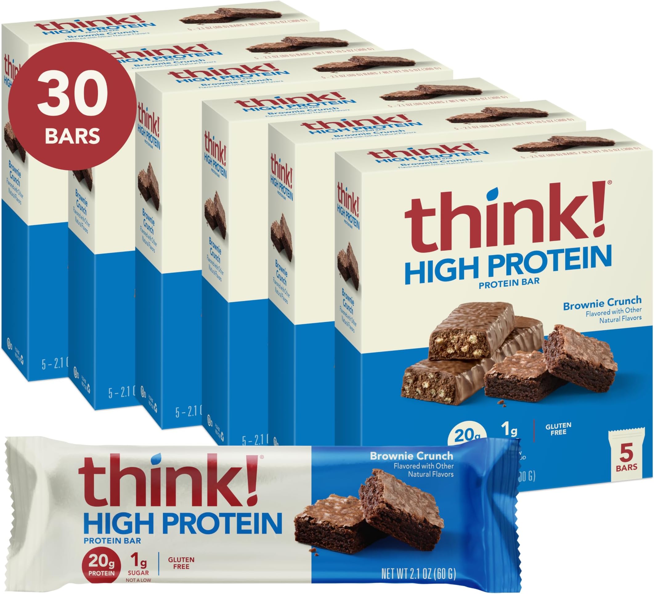 think! Protein Bars, High Protein Snacks, Gluten Free, Kosher Friendly, Brownie Crunch, Nutrition Bars, 2.1 Oz per Bar, 30 Count (Packaging May Vary)