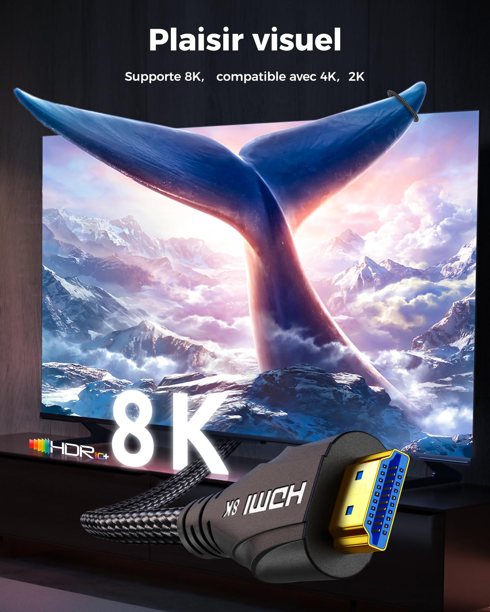 Cratree 10K 8K Câble HDMI 10m,Haute Vitesse Câble HDMI 4K 120Hz 8K 60Hz 48Gbps,Supporte eARC Dolby Atmos HDCP 2.2 2.3 Compatible avec PS5 Blu-Ray HDTV Projecteur Moniteur