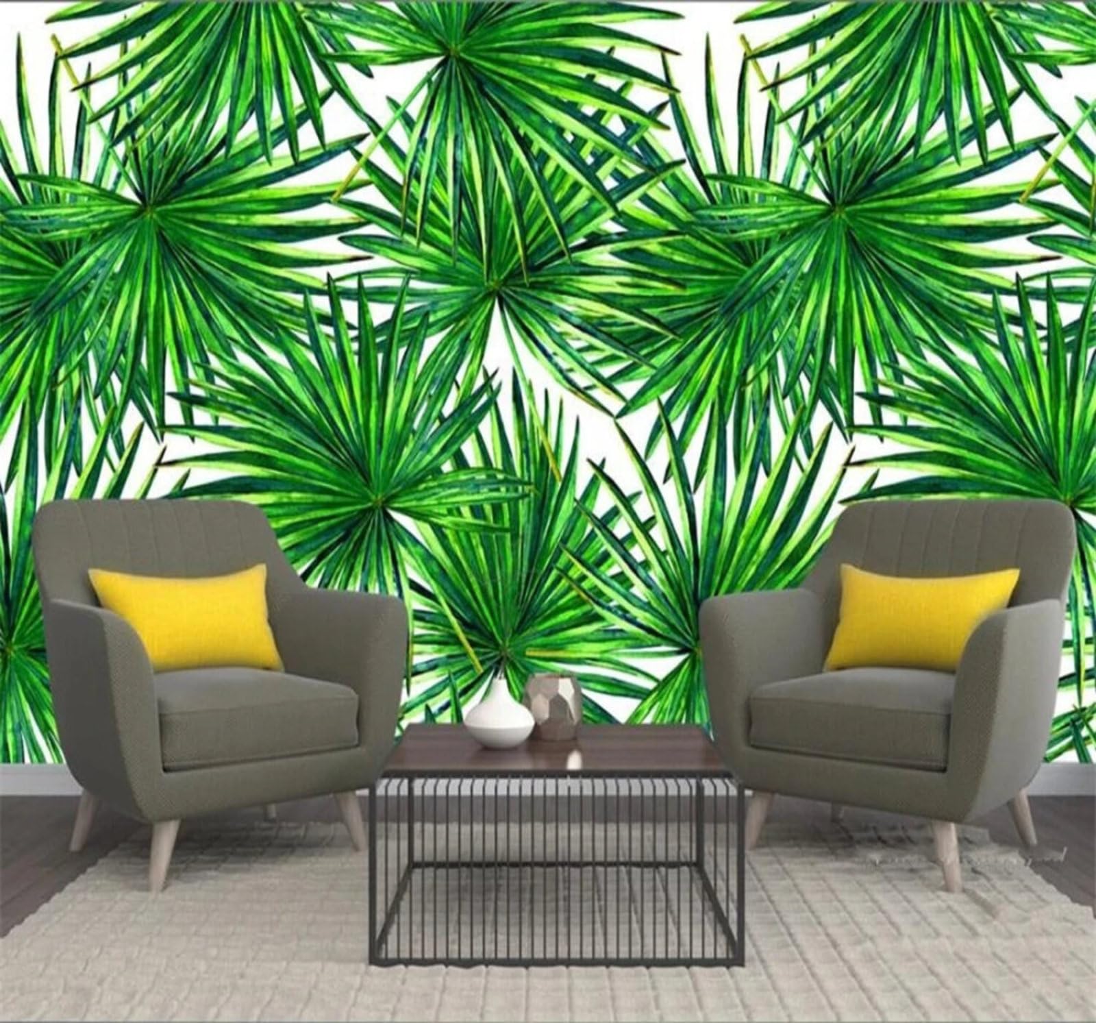 Wallpaper-3D-Xlm 400Cm×280Cm(B×H) Fresh Green Hand Drawn Plants Leaves 3D Wallpaper Easy Install Feature Office Living Room Sofa Bedroom Tv Background Wall Decoration-400Cm×280Cm