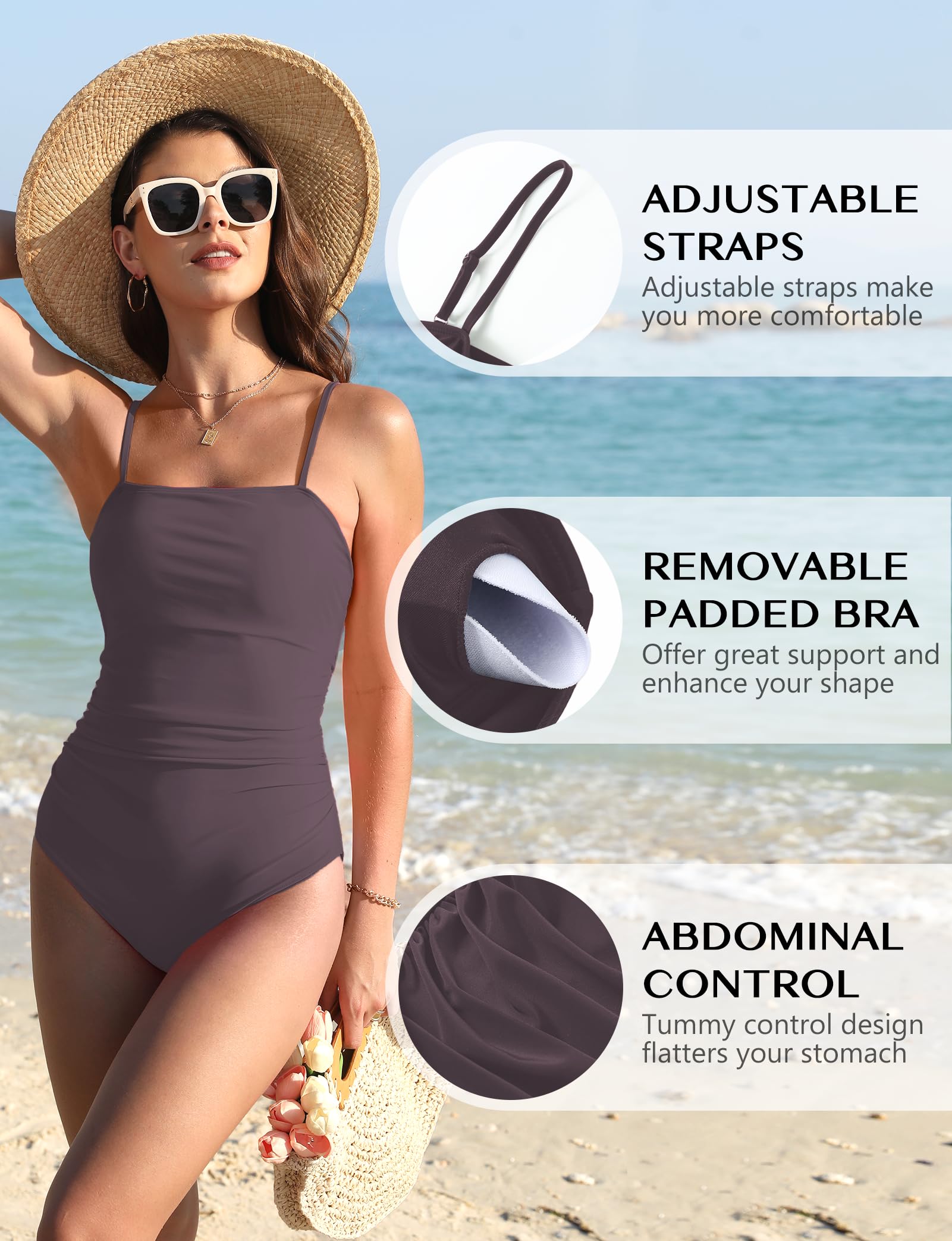 Buauty Costumi da bagno intero da donna per controllo della pancia costumi da bagno per le donne collo quadrato schiena scoperta increspato push-up costumi da bagno