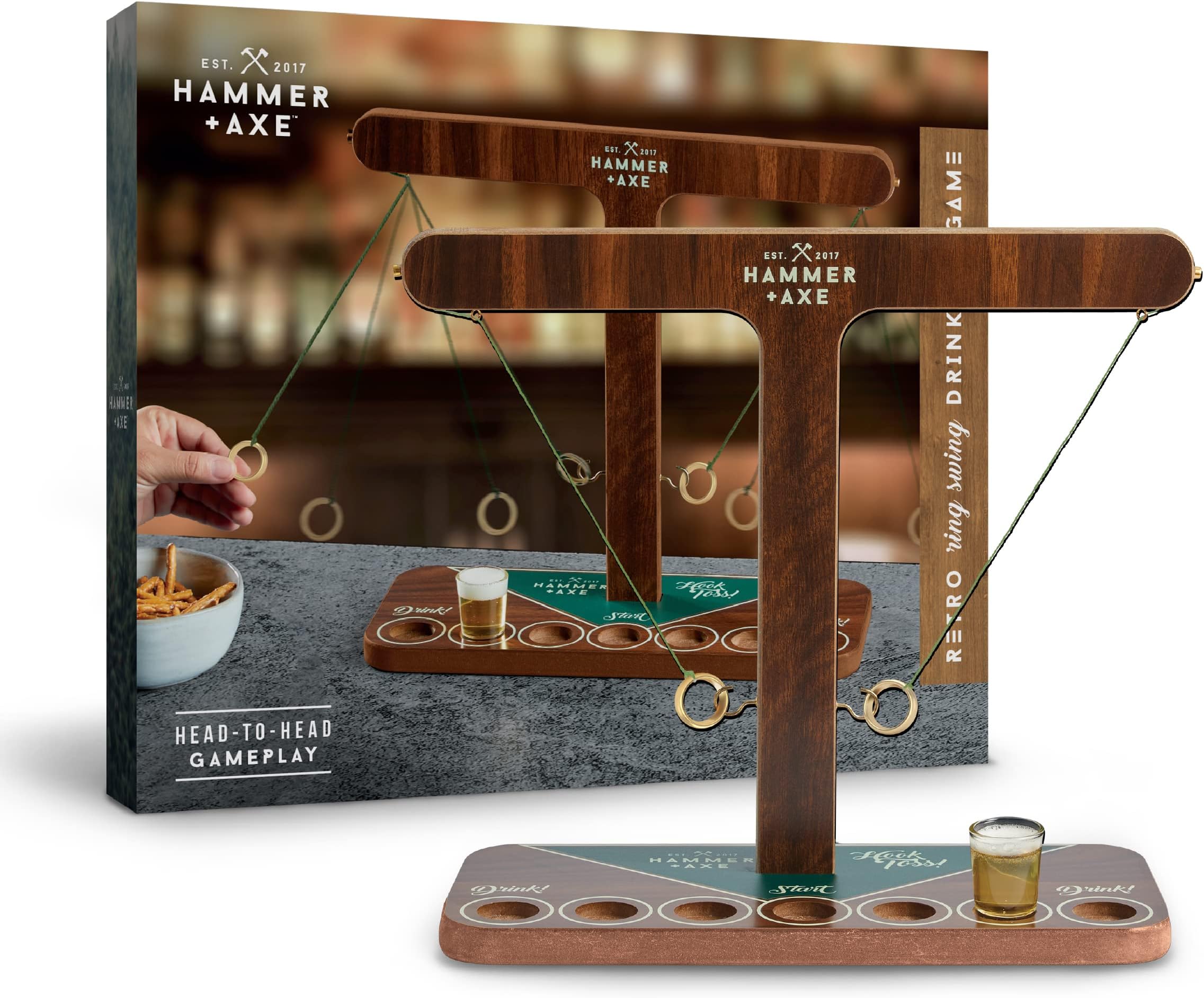 HAMMER + AXE Vintage Ring Swing Drinking Game, Handcrafted Wood Tabletop Game, Interactive Party Ice Breaker, 2 Player Hook & Ring Shot Taking Activity, Indoor & Outdoor Fun, Includes Shot Glass