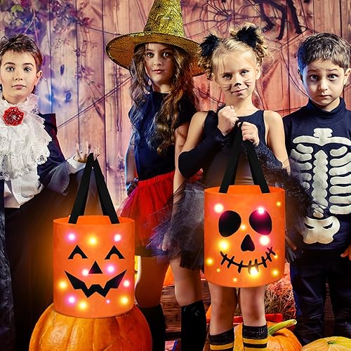 Miniatura 9 de Yaomiao 4 bolsas de dulces de Halloween ligeras para niños, bolsas de golosinas multiusos LED reutilizables, cubo de tratamiento para niños,