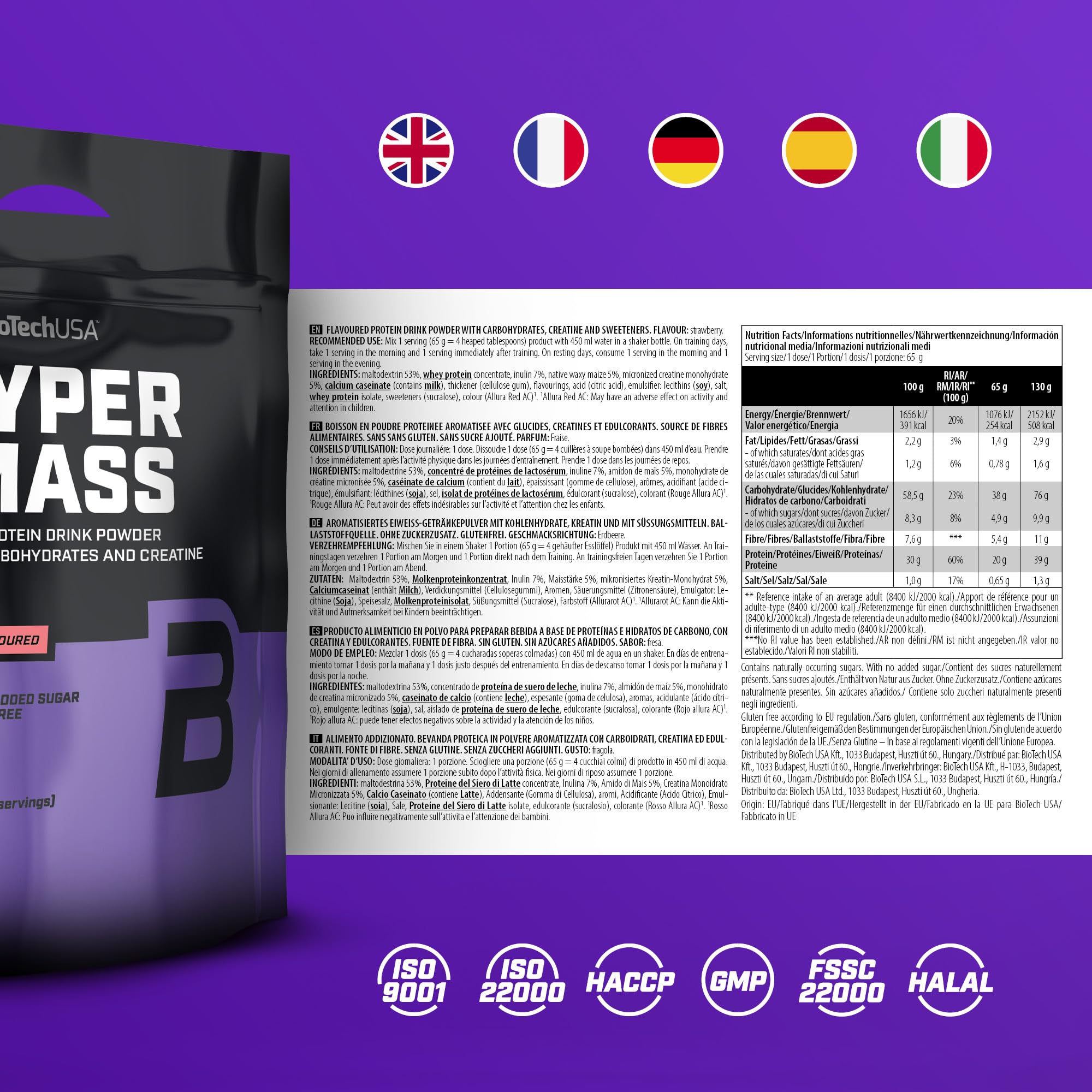 BioTechUSA Hyper Mass | Prise de masse avec mélange de glucides et de protéines | Créatine micronisée | Sans gluten, 6.8 kg, Fraise
