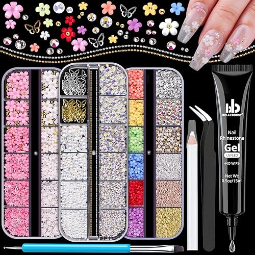 Miniatura 10 de Dijes para uñas 3D, kit de manicura con gel de pegamento de diamantes de imitación para uñas (curado UV), mariposa blanca y rosa, gemas AB