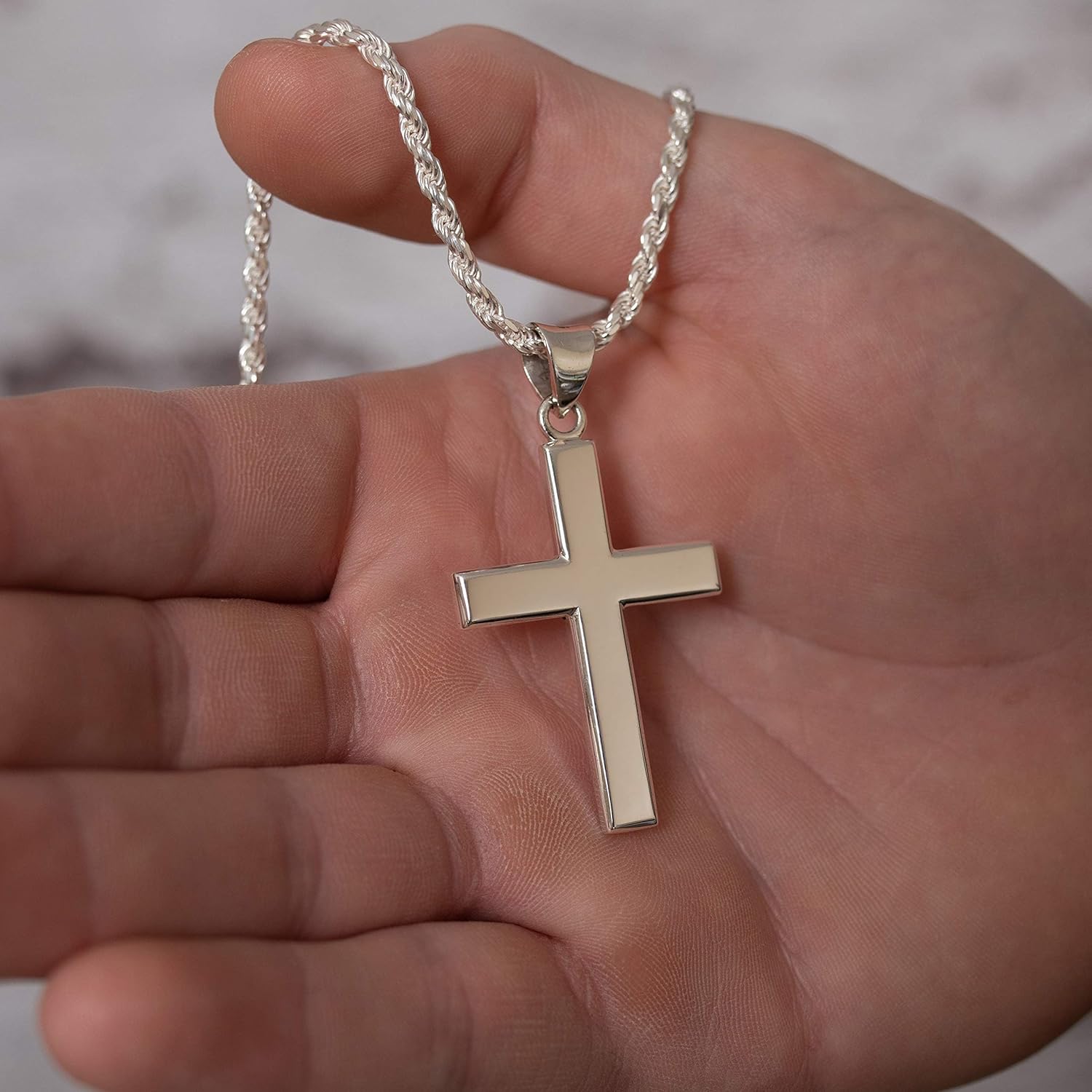 US Jewels Men's 925 Sterling Silver 45mm Christian Cross Pendant Necklace 20in to 24in - Image 2