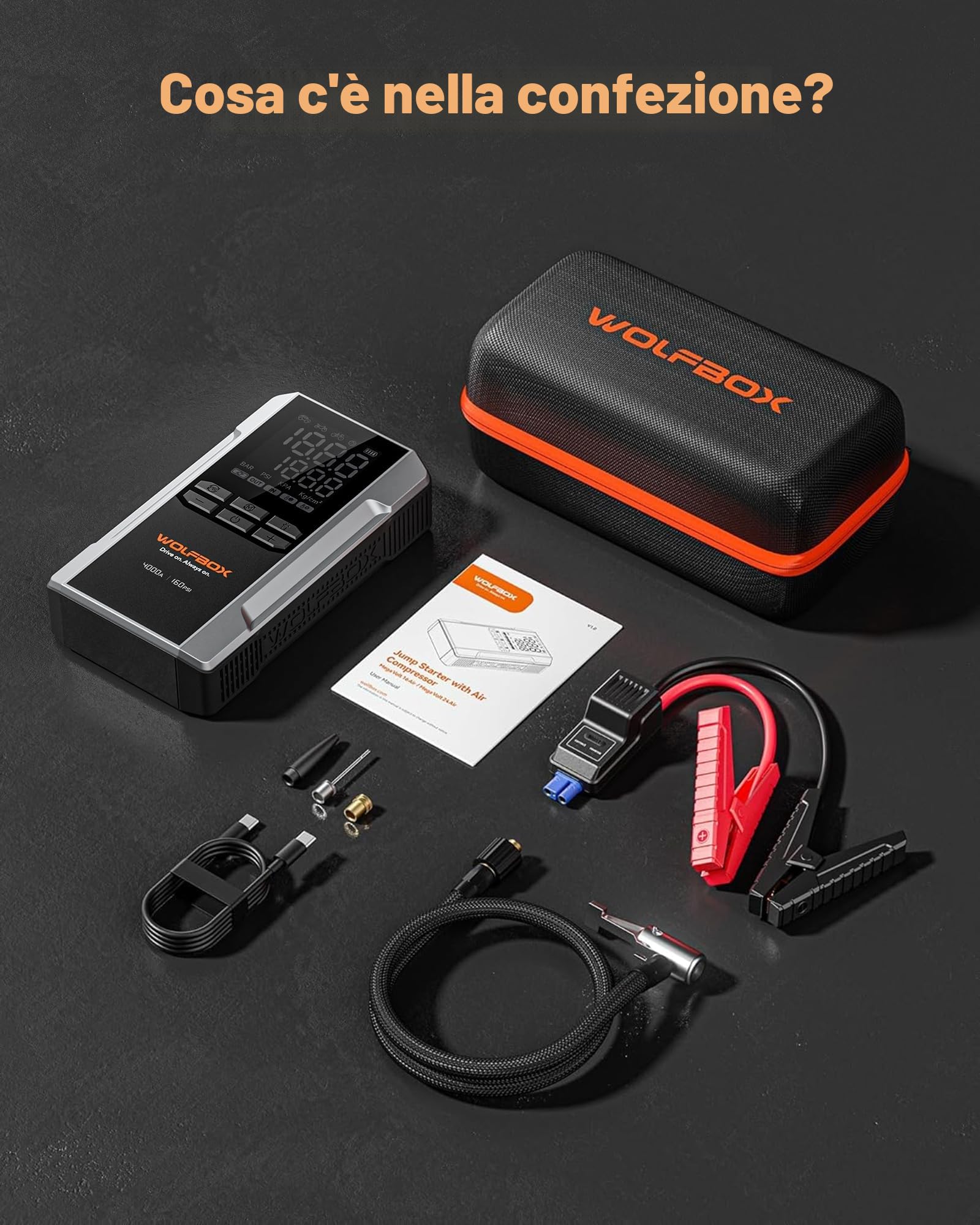 WOLFBOX Avviatore di emergenza da 4000 A con compressore d'aria, batteria portatile per auto da 24000 mAh e 160 psi, ricarica rapida 65 W, 12 V (Veicoli a benzina o diesel <10L)