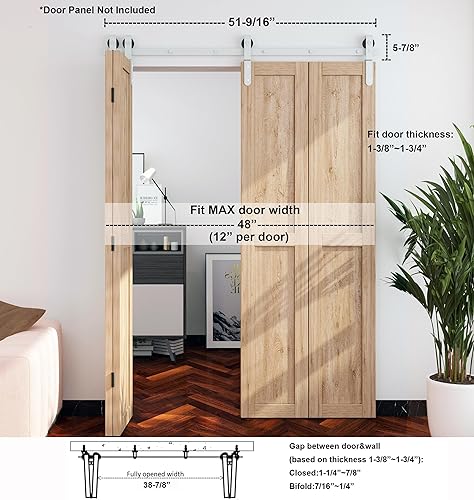 Miniatura 5 de DIYHD Kit de puerta corrediza de granero plegable de 51-916 pulgadas, montaje frontal resistente, para 4 puertas, se ajusta a un ancho máximo de