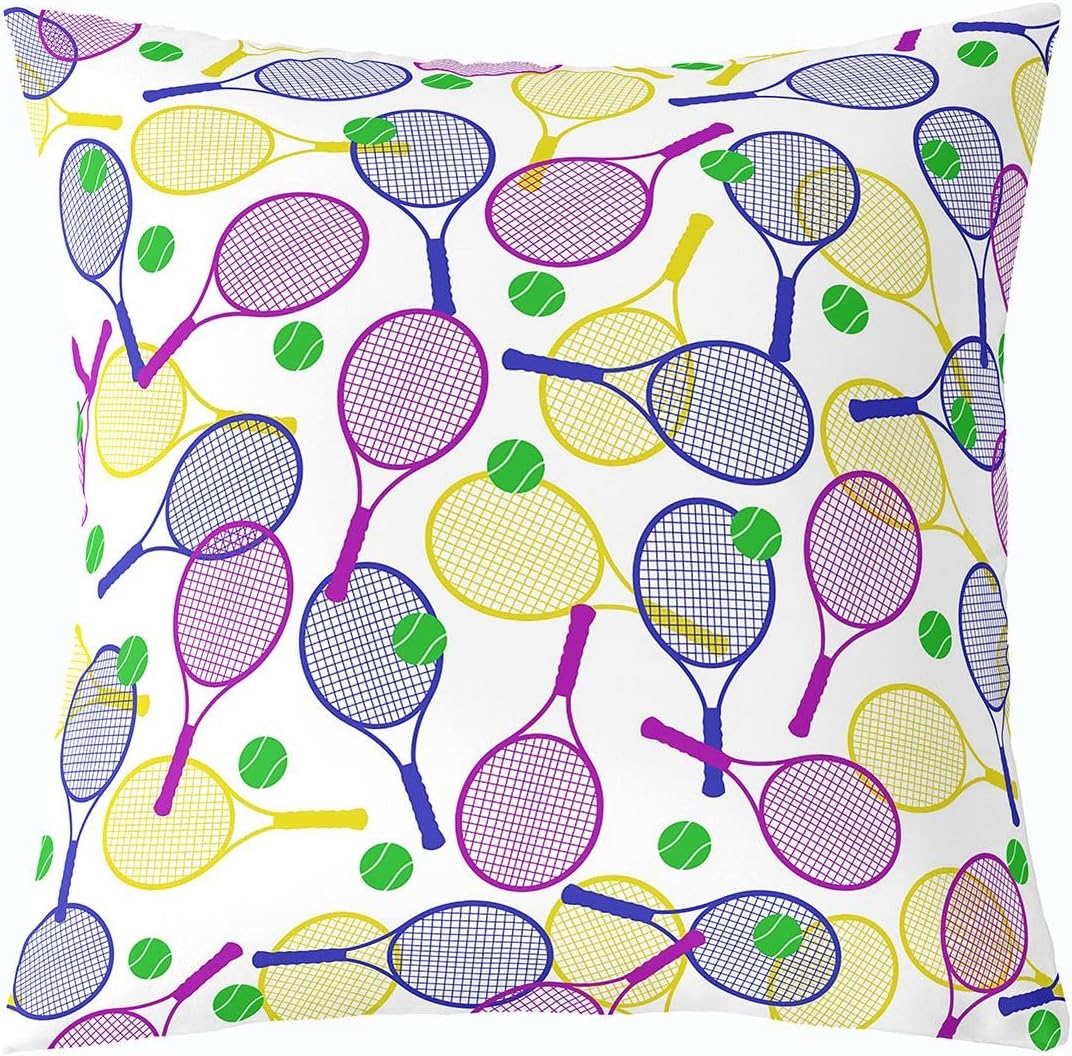 Erosebridal Cartoon Tennis 16x16 Throw Pillow Cover, Blue Yellow Ball Soft Cushion Cover for Boys Girls Tennis Lover, Kids Racket Cushion Case for Sofa, Sports Activity Decorative Square Pillowcase