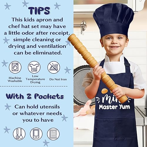 Miniatura 126 de R HORSE Juego de 2 delantales para niños y sombrero de chef, delantal de cocina azul ajustable para niños, kit de pintura y entrenamiento