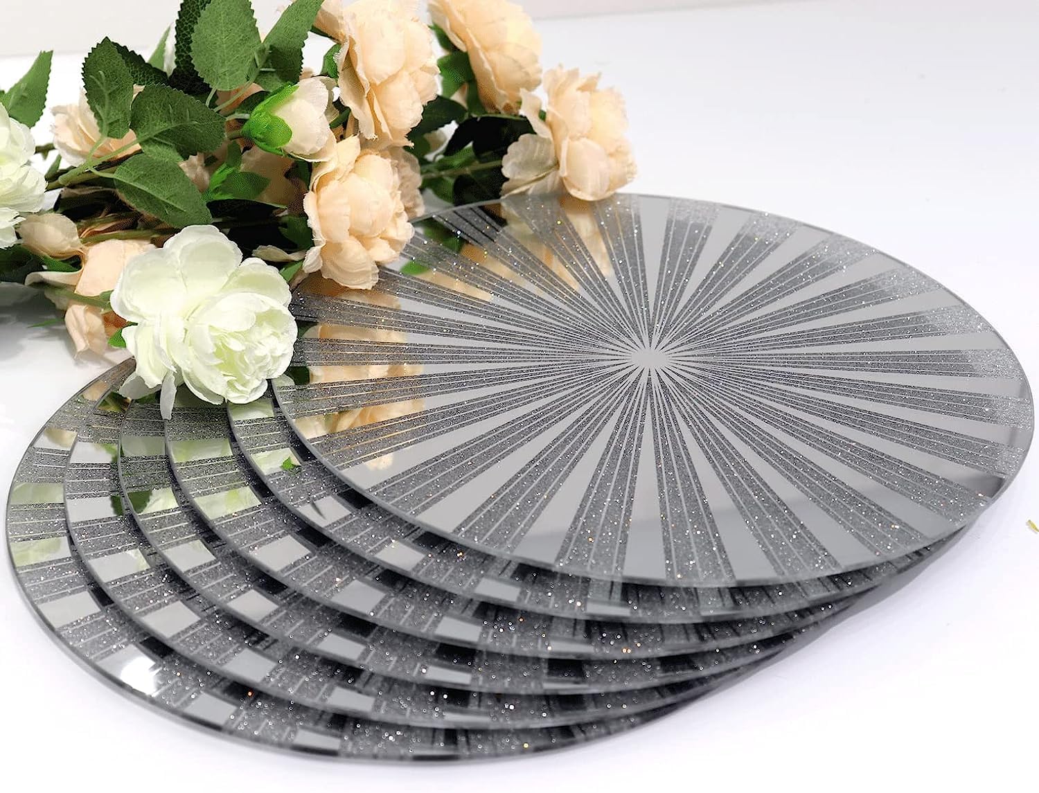 Round Glass Mirror Placemats Set of 6, Washable Round Placemats for Kitchen Table 12 inch Bling Mirrored Table Mats 6 Set (6PC Sun 12")