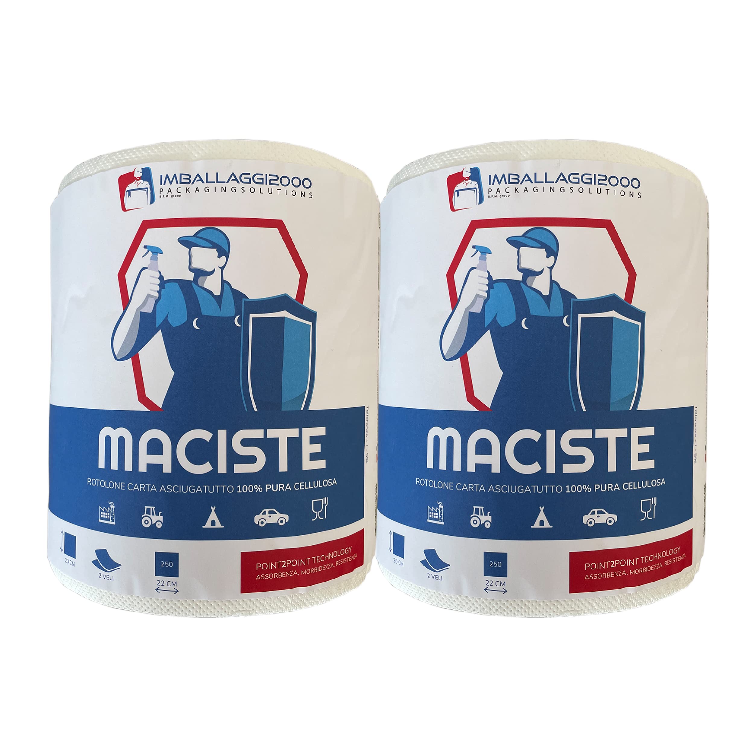 IMBALLAGGI 2000 - Maciste Rotoloni Asciugatutto 12 Pz x 250 Strappi 20x22 cm, Carta Cucina 2 Veli in Cellulosa Assorbente, Bobina 20Hx18Ø - Rotoli Carta Casa ad Uso Domestico, Panno per Pulizia Cucina