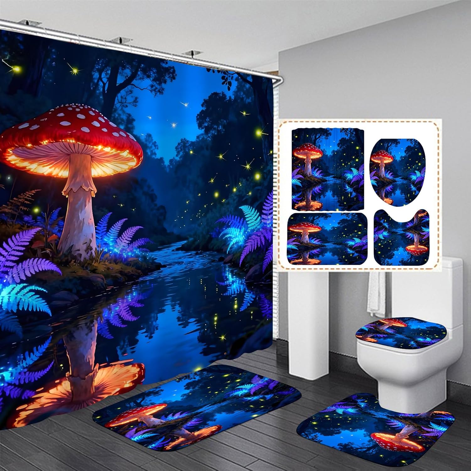 jieprom 4 Piece Blue and Purple Shower Curtain Set with Rugs, Magical Red Mushroom & Glowing Forest Art, Fantasy Aesthetic Waterproof Fabric Bathroom Decor with Non-Slip Mats & Toilet Lid Cover