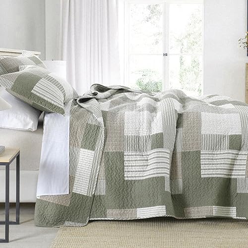 Vista 20 de SahSahCasa Juego de edredón tamaño King, juego de edredón de 100% algodón, colcha de retazos, colcha rústica ligera a cuadros para cama King, beige