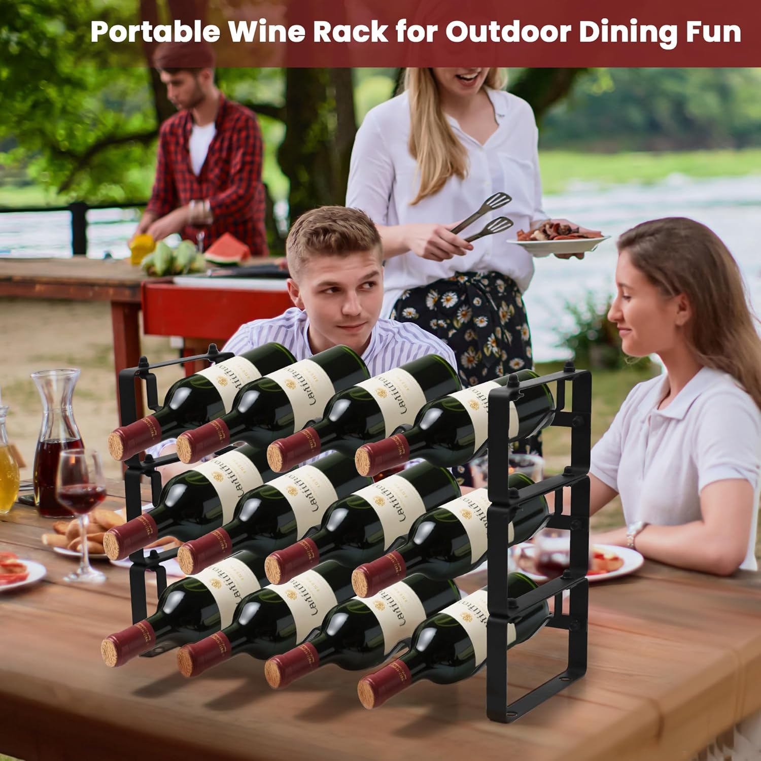 Black Wine Rack for 12 Bottles – Stackable & Expandable Metal Wine Bottle Holder for Bar Counter, Cabinet, Pantry, or Small Spaces – Modern Freestanding Wine Storage Shelf (3 Tier, Black)