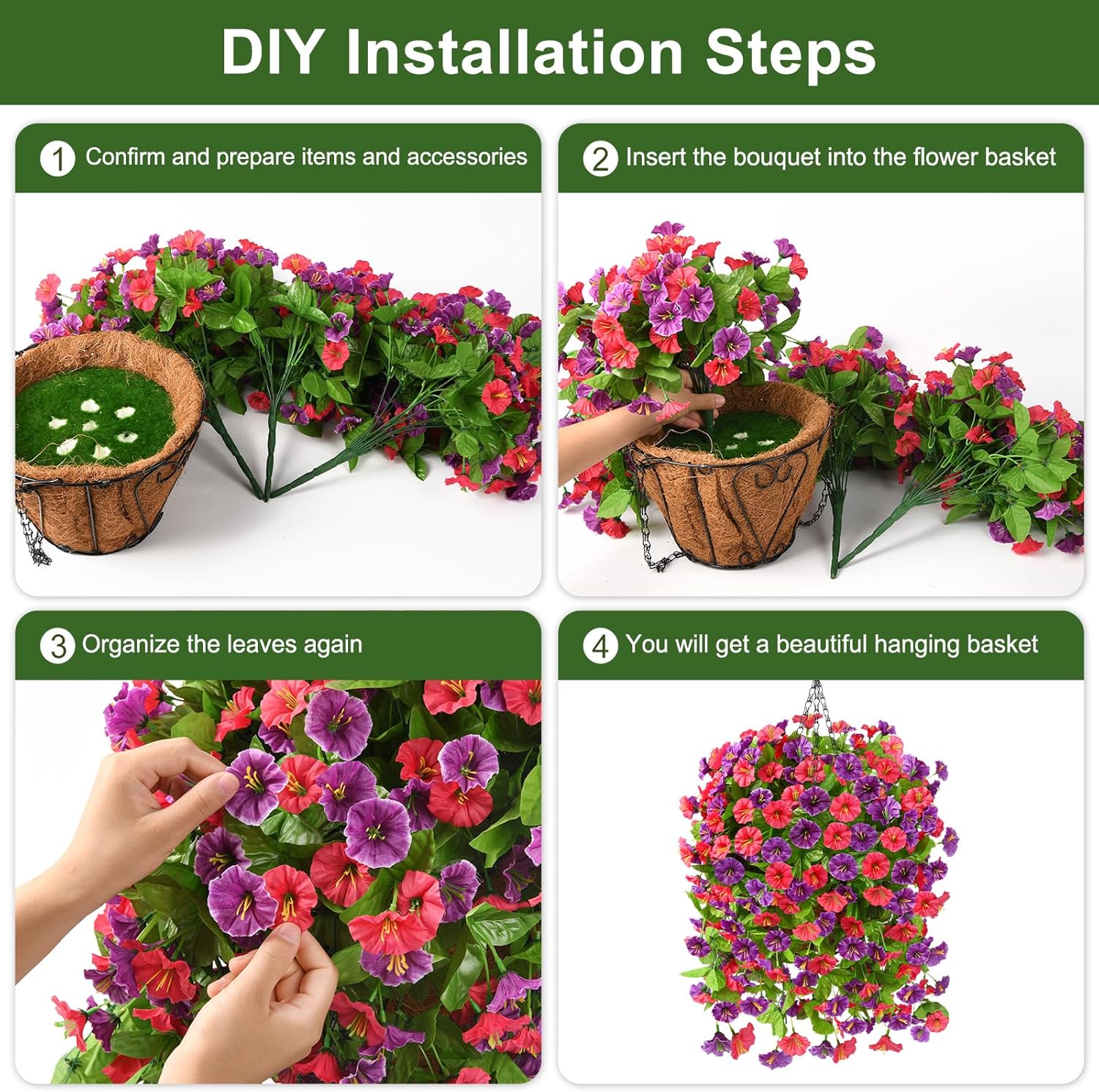 Homsunny Artificial Faux Hanging Flowers Plants Baskets for Outdoor Spring Summer Decorations,Resistant Fake Morning Glory Silk Plants for Outside UV Resistant Patio Yard Home Porch Decor(Red Purple) - Image 5