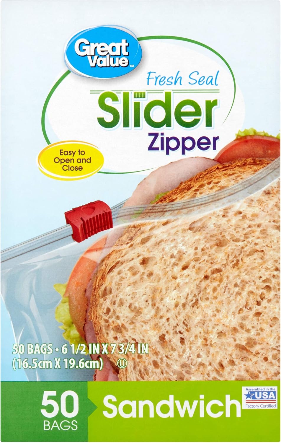 Great Value Slider Zipper Sandwich Sized Bags, 50 Ct