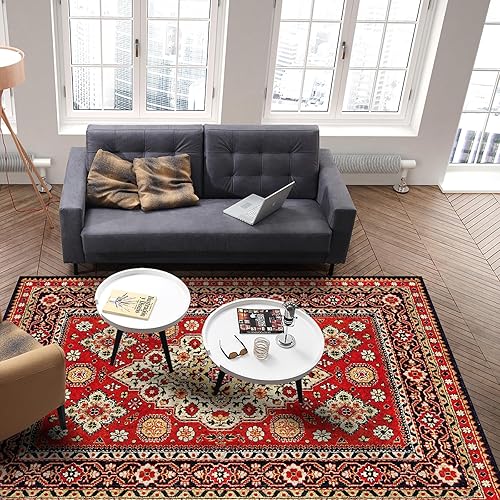 Miniatura 5 de Alfombra bohemia de 2 x 3 pies, estilo vintage, rojo, negro, floral, geométrica, lavable, diseño de medallón oriental, bohemio, resistente a las