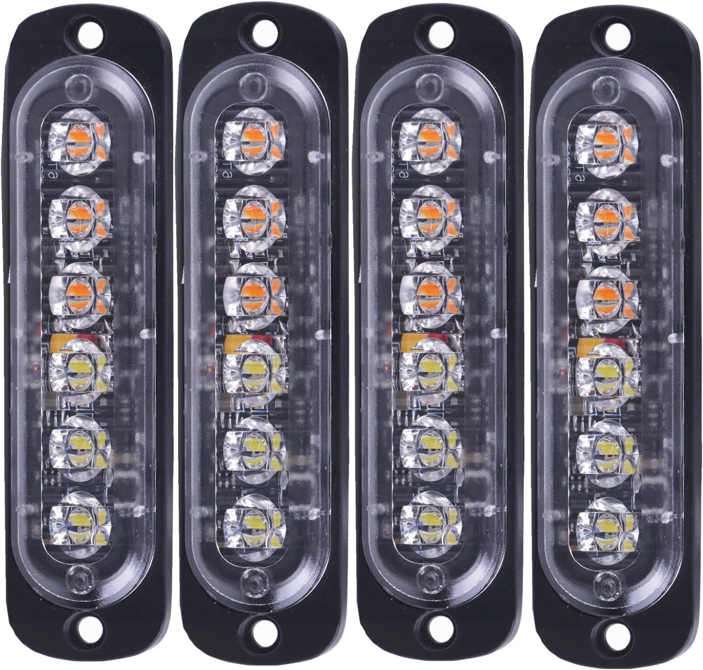 6 LED 4pcs Universal Super Bright Car Truck Warning Caution Emergency Construction Surface Mount Waterproof Beacon Flash Caution Strobe Light Bar (Amber & White)