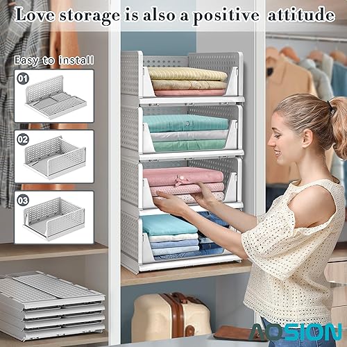 Miniatura 6 de AOSION Paquete de 4 cestas de almacenamiento apilables de plástico con organizador de armario colgante gratuito, contenedor plegable para