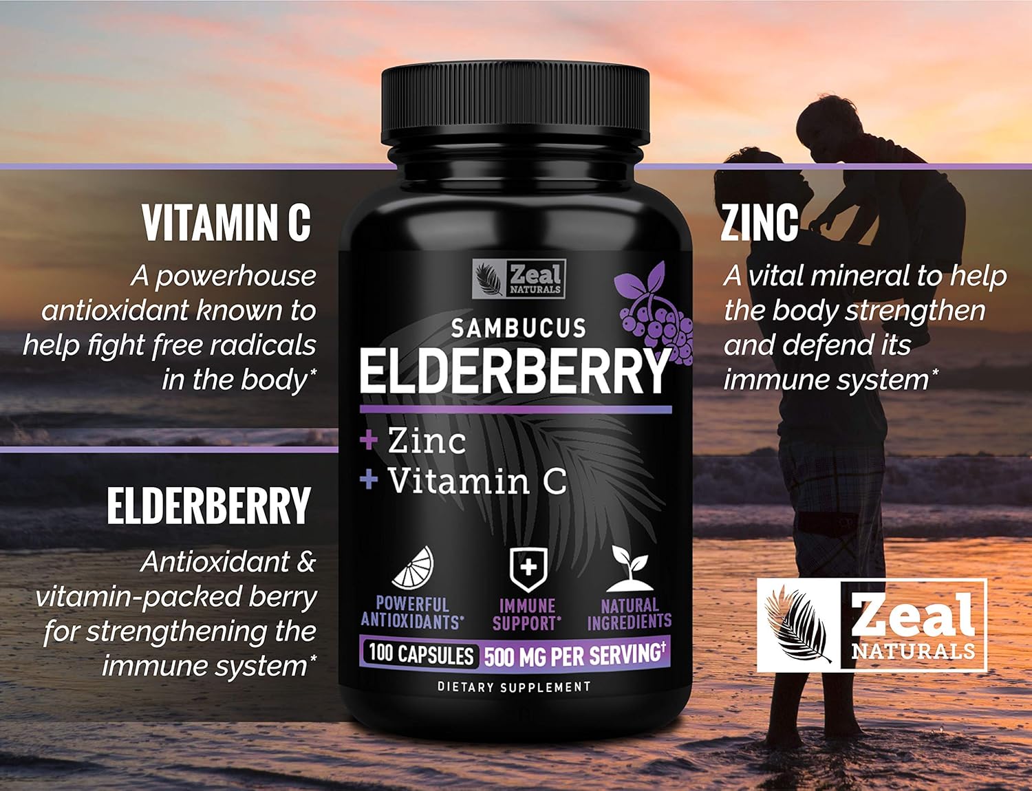 Elderberry Capsules + Vitamin C with Zinc (100 Count | 500mg) 3-in-1 Immune Booster for Adults Elderberry Pills Immune System Support with Concentrated Black Sambucus Elderberry : Health & Household