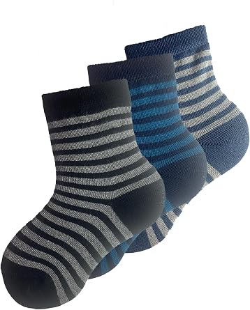 3  Boys Socks Set - Striped Pattern, Soft and Elastic Structure in Navy Blue Gray Tones