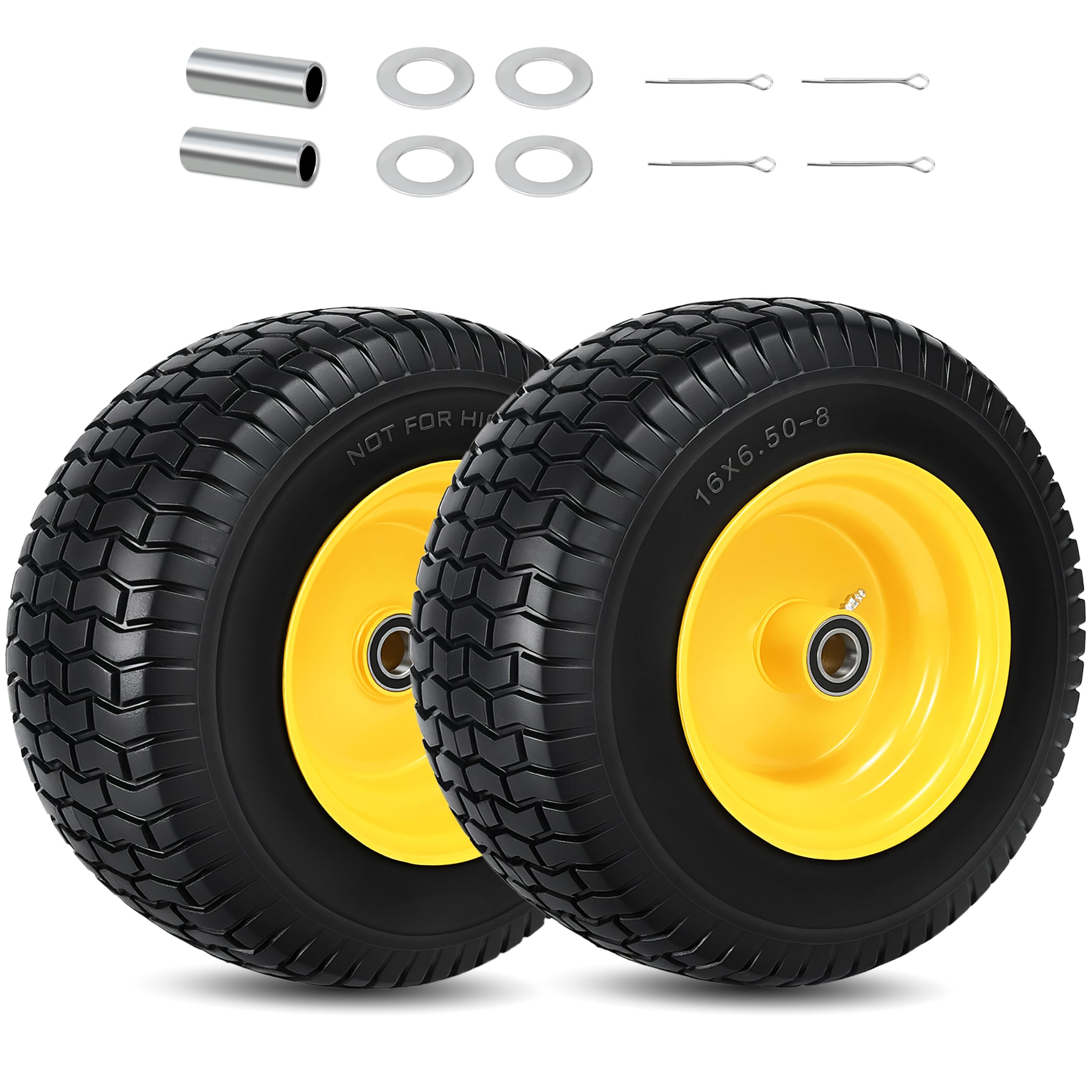 2 Pcs 16x6.50-8 Flat Free Lawn Mower Tire and Wheel with 1 Inch Axle