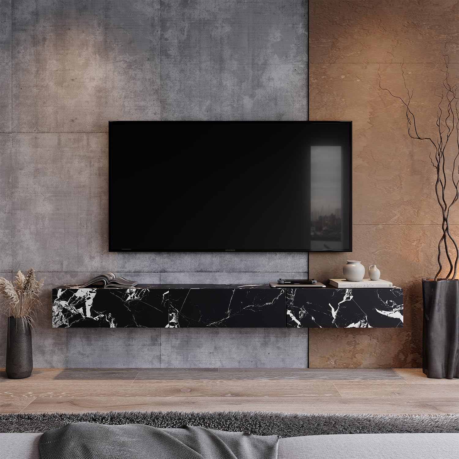 47'' Floating TV Stand with 3 Drawers, Floating Entertainment Center Wall Mounted TV Concsole Floating TV Cabinet Media Console for Bedroom Living Room, Marble Black - Image 4