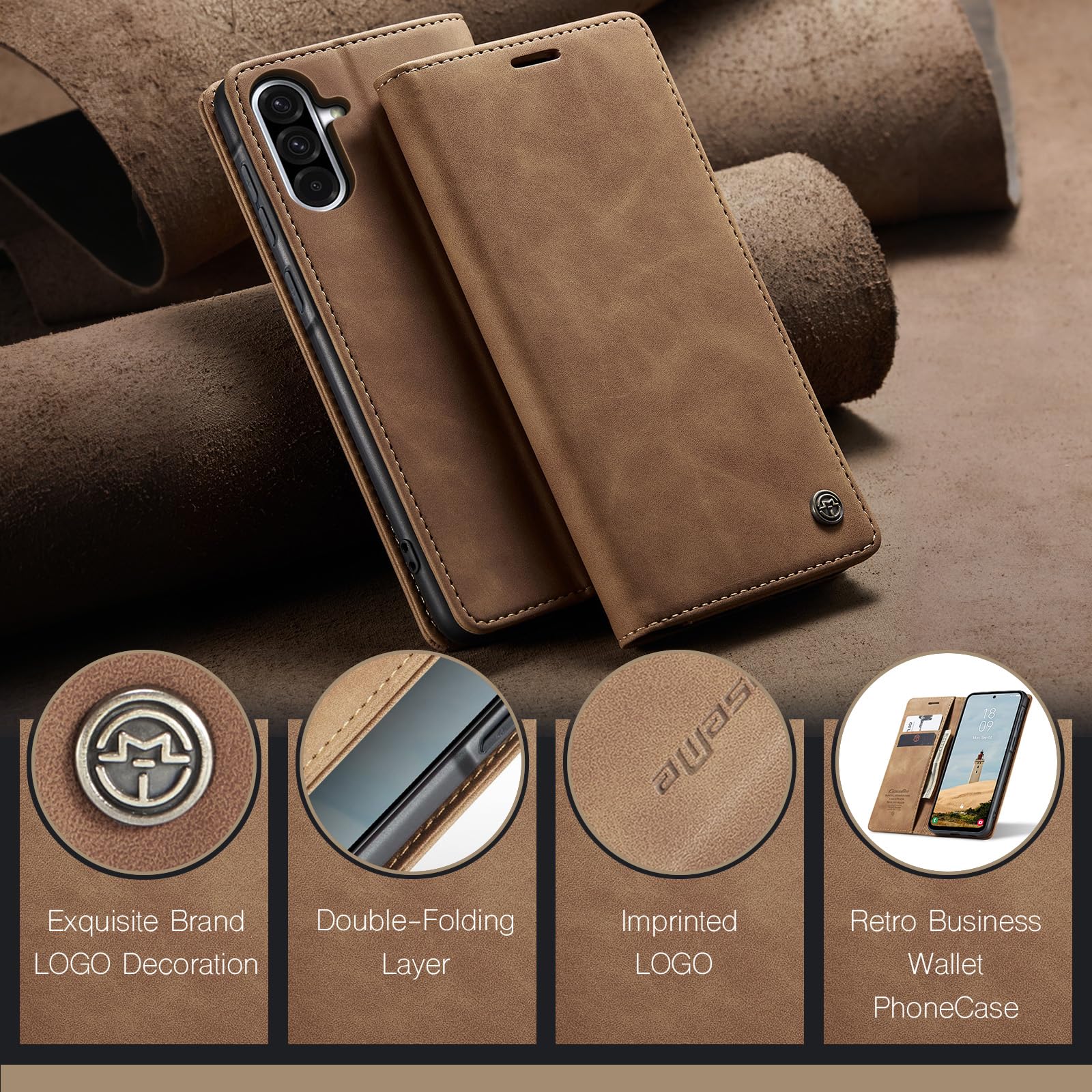 Azororo Cover per Samsung Galaxy A56 5G, Premium PU Pelle Custodia, Magnetica Carta Fessura Portafoglio Case, Flip Cavalletto Custodia per Samsung Galaxy A56- Marrone